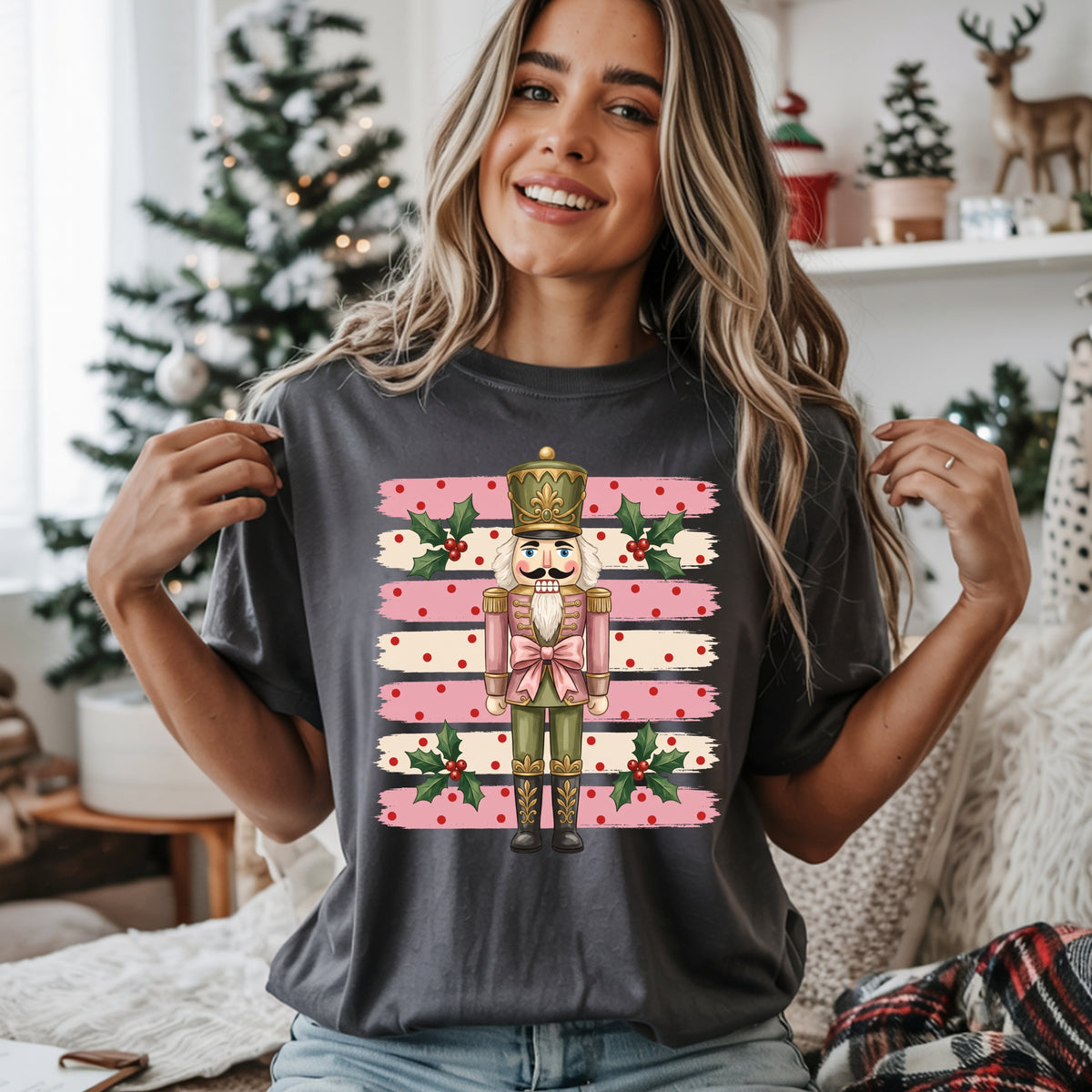 Nutcracker Holiday T-Shirt — Pink Striped Christmas Tee with Holly