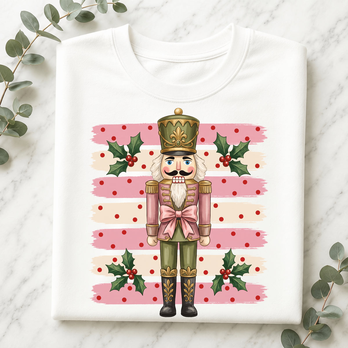 Nutcracker Holiday T-Shirt — Pink Striped Christmas Tee with Holly