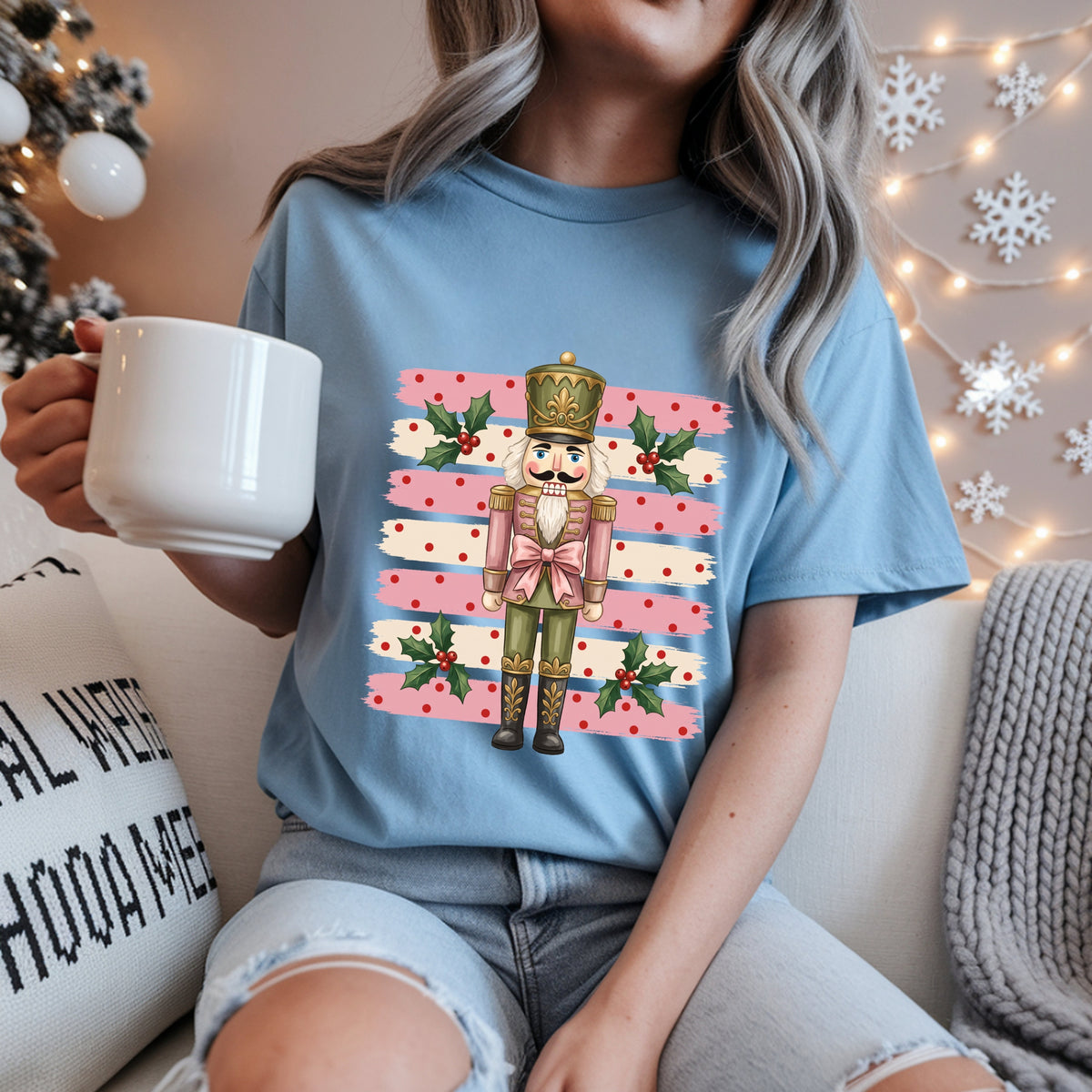 Nutcracker Holiday T-Shirt — Pink Striped Christmas Tee with Holly