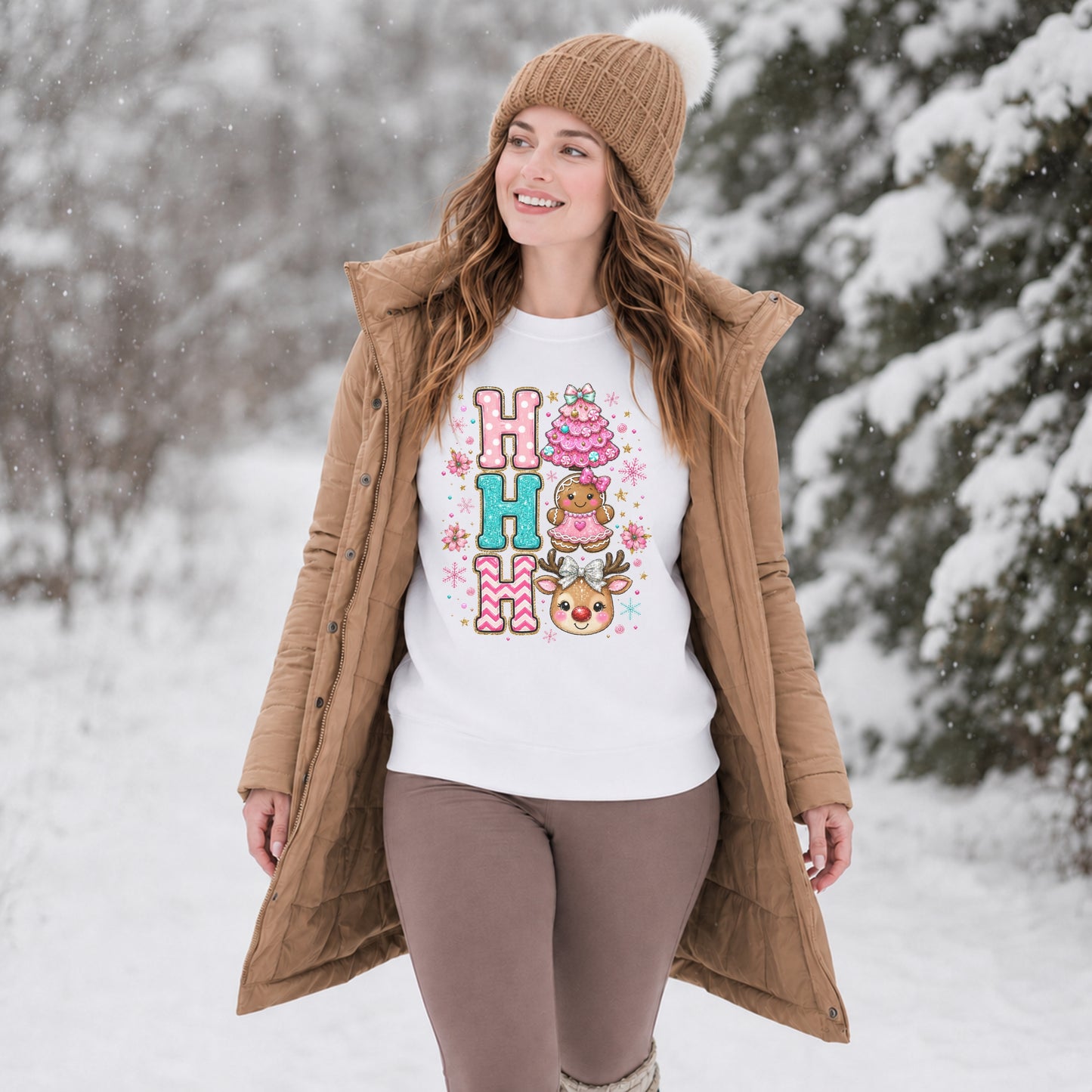 Christmas Pink HO HO HO Crewneck Sweatshirt — Cute Gingerbread, Reindeer & Holiday Tree Graphic