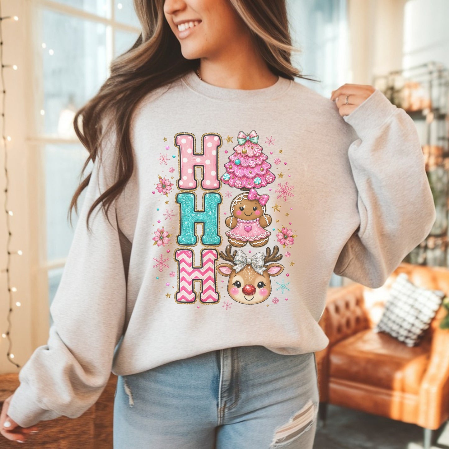 Christmas Pink HO HO HO Crewneck Sweatshirt — Cute Gingerbread, Reindeer & Holiday Tree Graphic