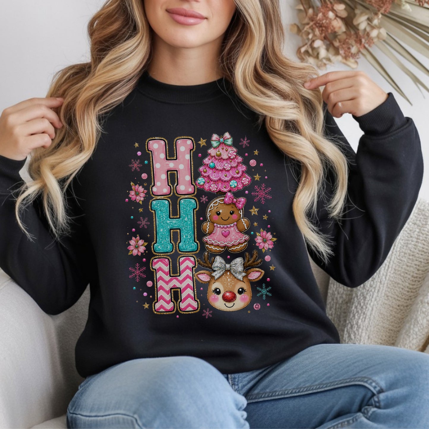 Christmas Pink HO HO HO Crewneck Sweatshirt — Cute Gingerbread, Reindeer & Holiday Tree Graphic