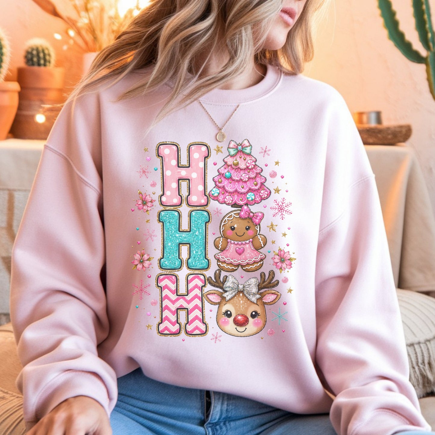 Christmas Pink HO HO HO Crewneck Sweatshirt — Cute Gingerbread, Reindeer & Holiday Tree Graphic