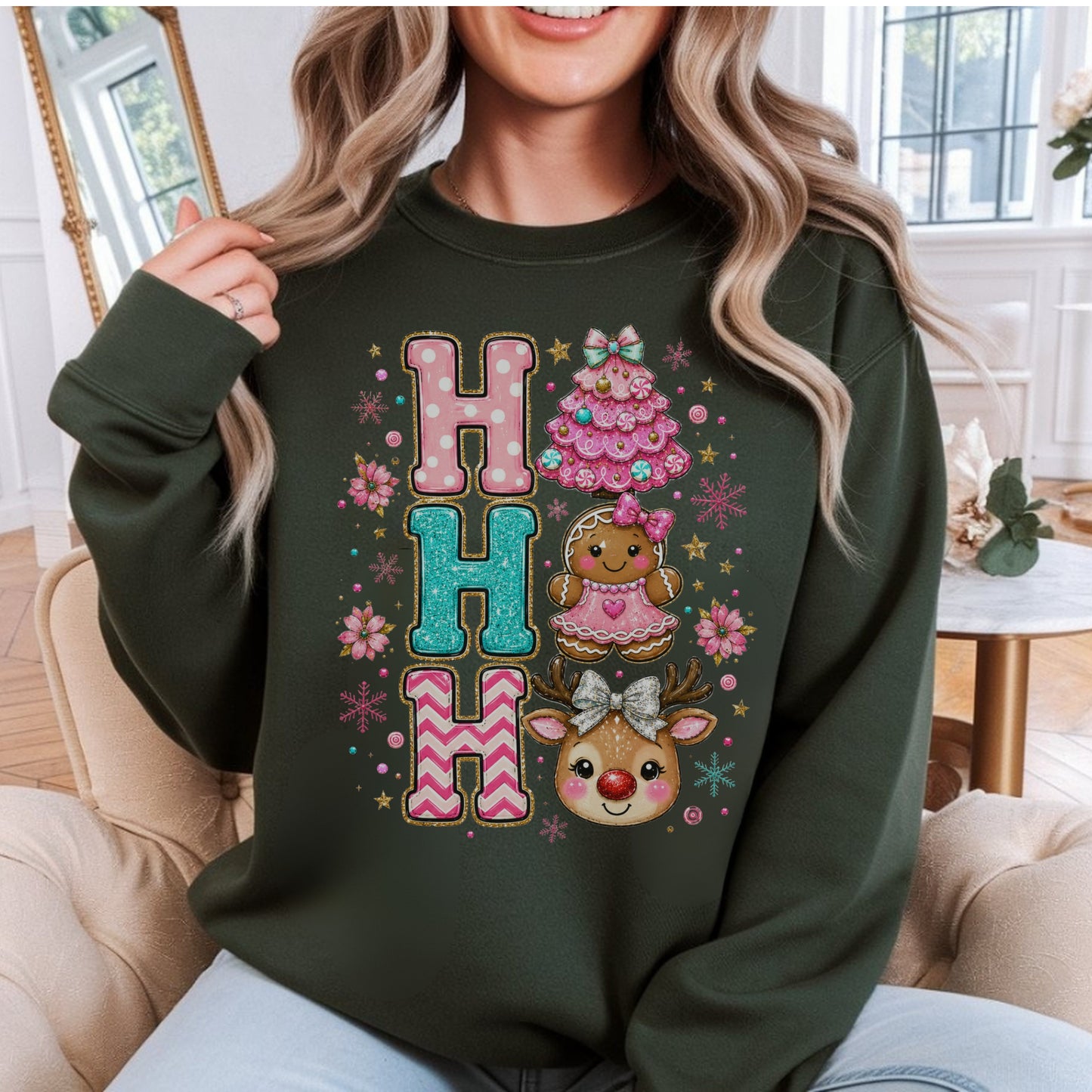 Christmas Pink HO HO HO Crewneck Sweatshirt — Cute Gingerbread, Reindeer & Holiday Tree Graphic