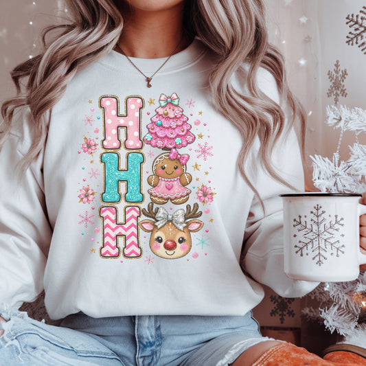 Christmas Pink HO HO HO Crewneck Sweatshirt — Cute Gingerbread, Reindeer & Holiday Tree Graphic