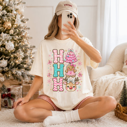 Ho Ho Ho Cute Christmas T-Shirt — Gingerbread, Tree & Reindeer Holiday Tee