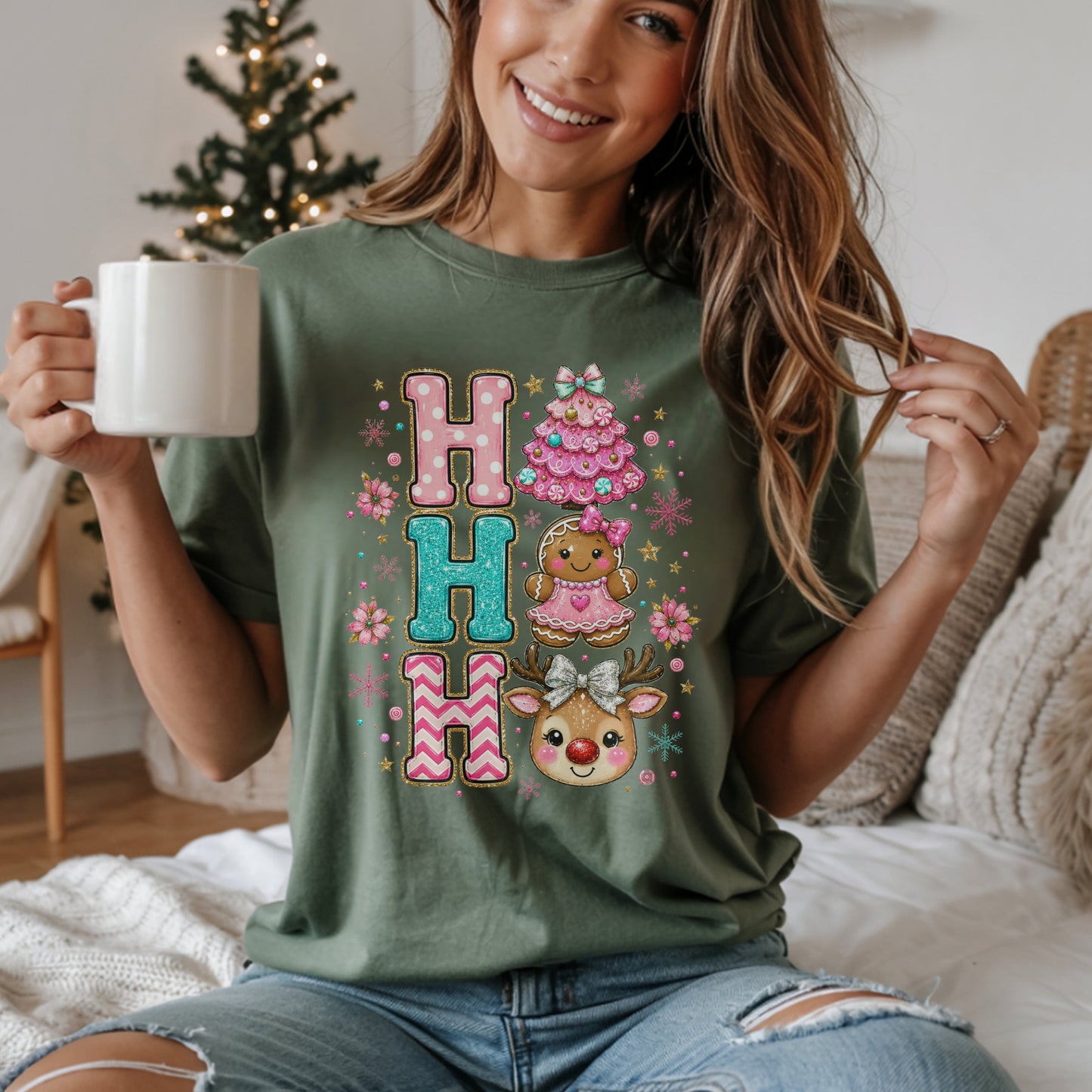 Ho Ho Ho Cute Christmas T-Shirt — Gingerbread, Tree & Reindeer Holiday Tee