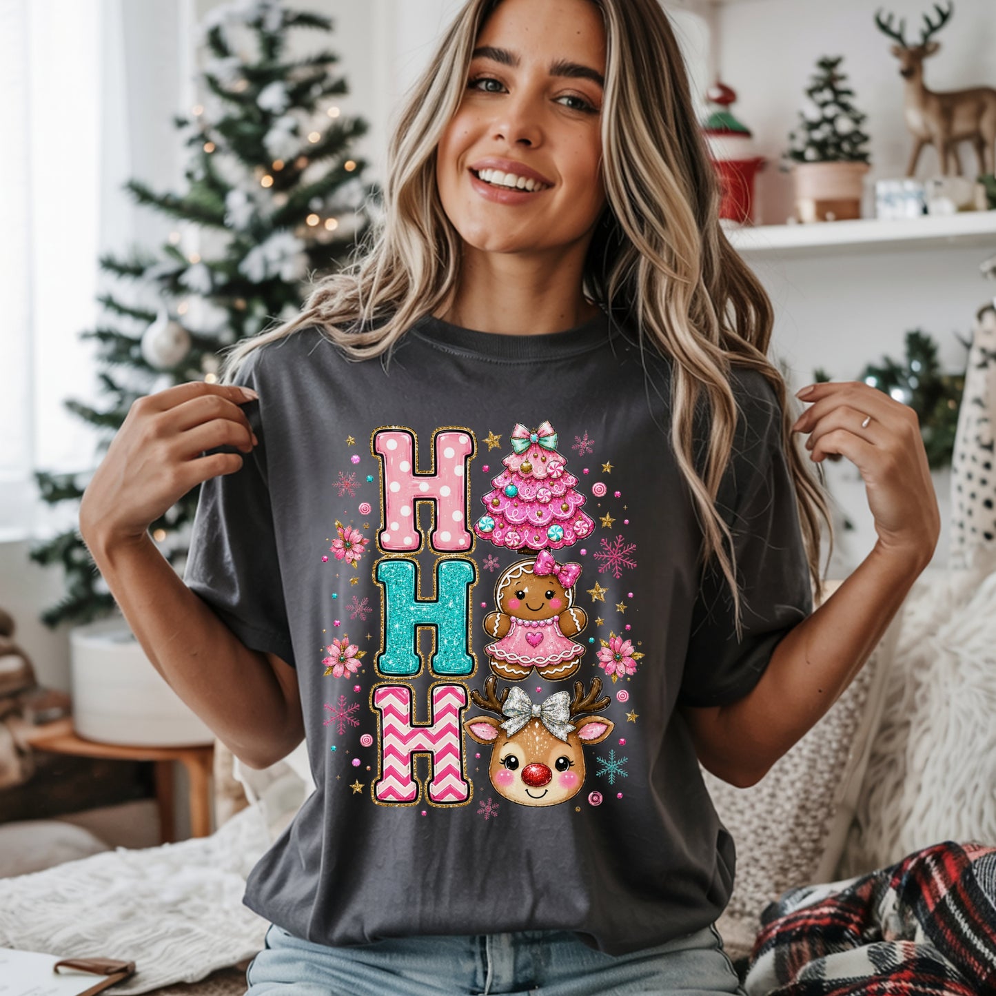 Ho Ho Ho Cute Christmas T-Shirt — Gingerbread, Tree & Reindeer Holiday Tee