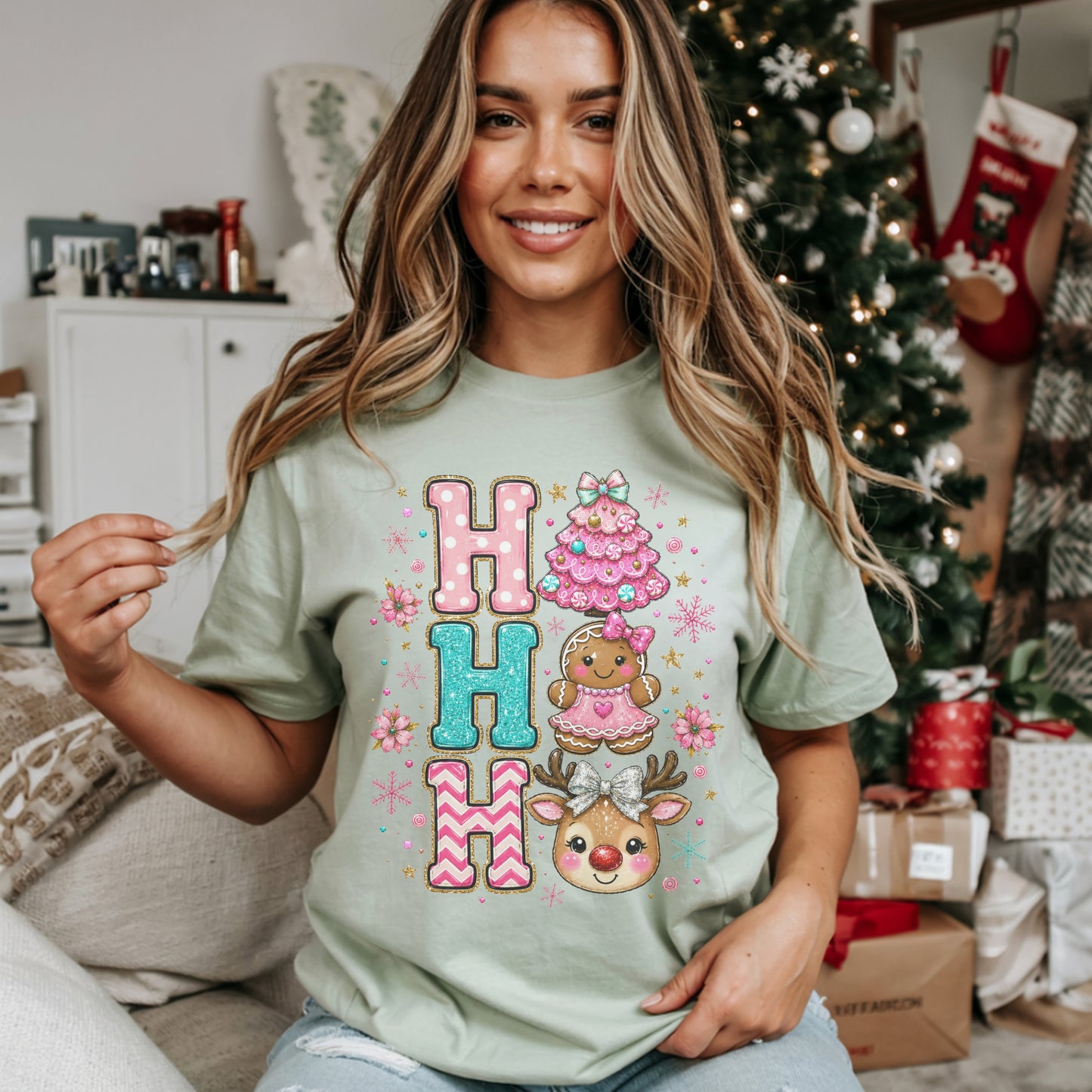 Ho Ho Ho Cute Christmas T-Shirt — Gingerbread, Tree & Reindeer Holiday Tee