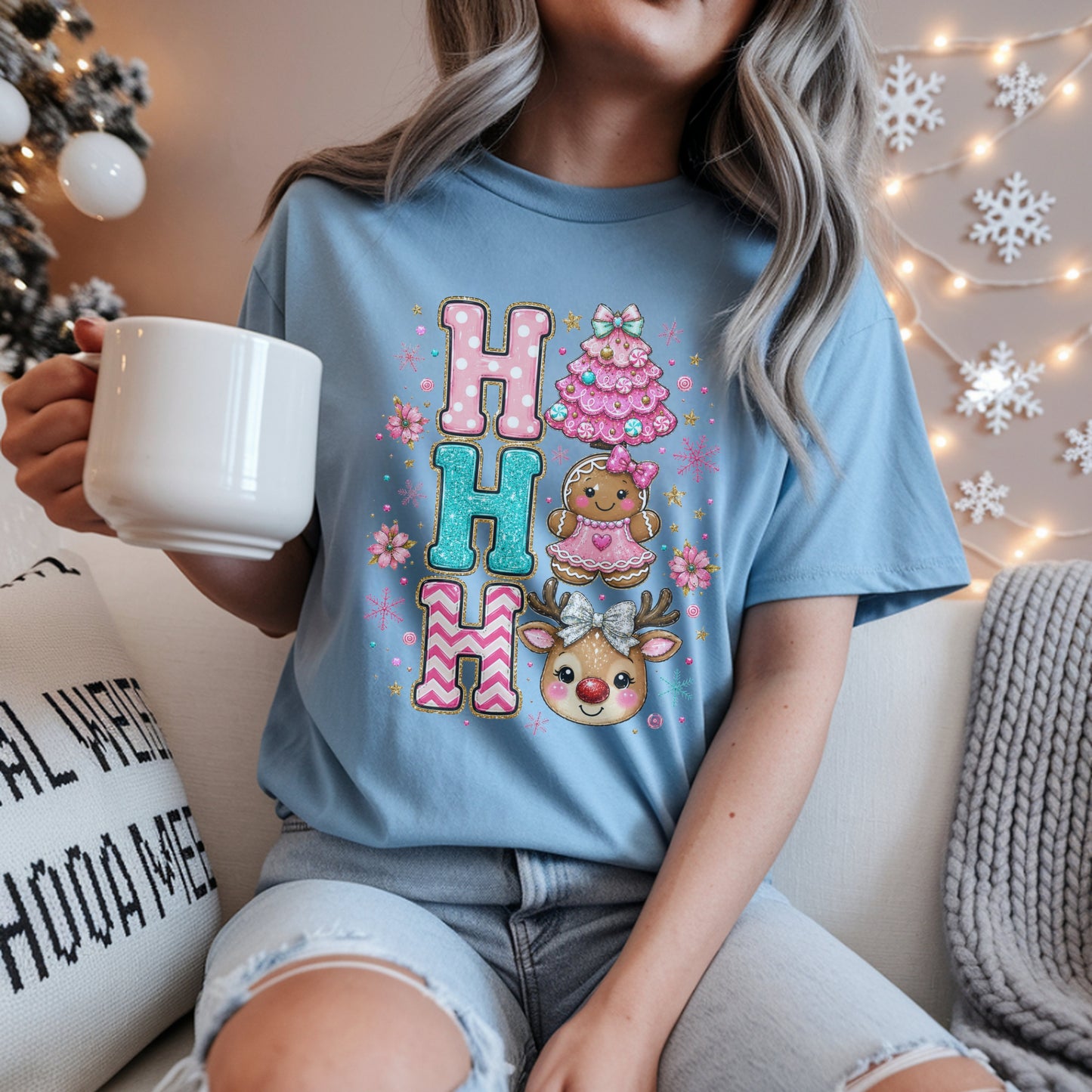 Ho Ho Ho Cute Christmas T-Shirt — Gingerbread, Tree & Reindeer Holiday Tee