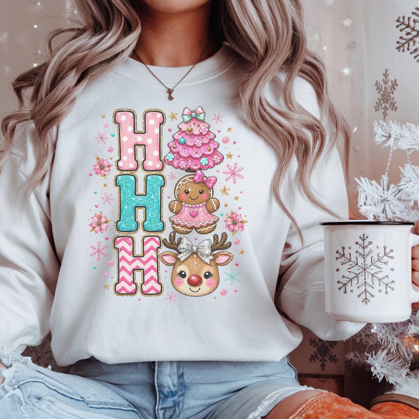Ho Ho Ho Cute Christmas T-Shirt — Gingerbread, Tree & Reindeer Holiday Tee