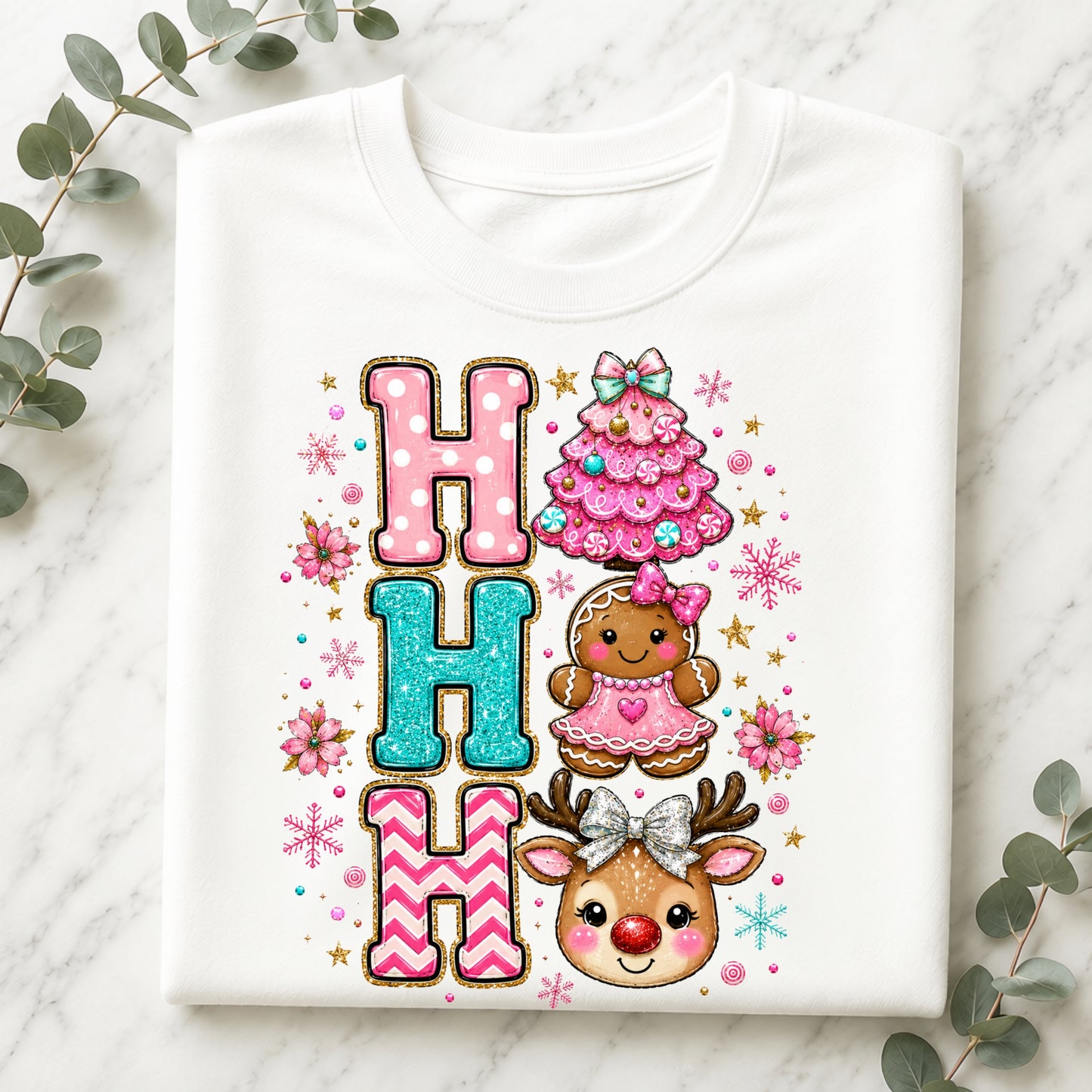 Ho Ho Ho Cute Christmas T-Shirt — Gingerbread, Tree & Reindeer Holiday Tee