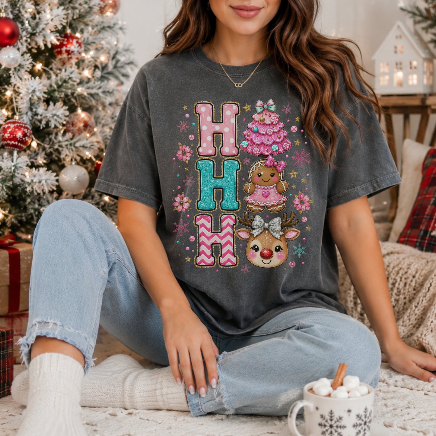 Ho Ho Ho Cute Christmas T-Shirt — Gingerbread, Tree & Reindeer Holiday Tee