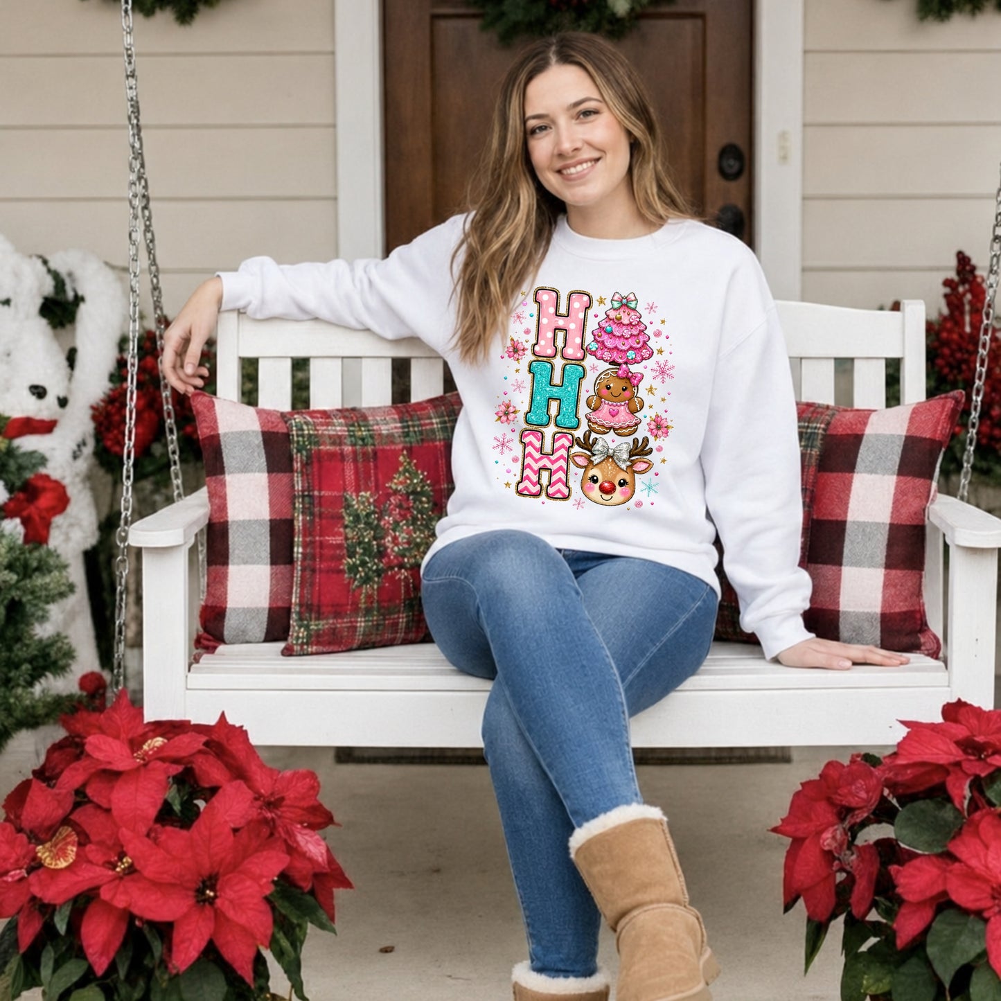 Ho Ho Ho Cute Christmas T-Shirt — Gingerbread, Tree & Reindeer Holiday Tee