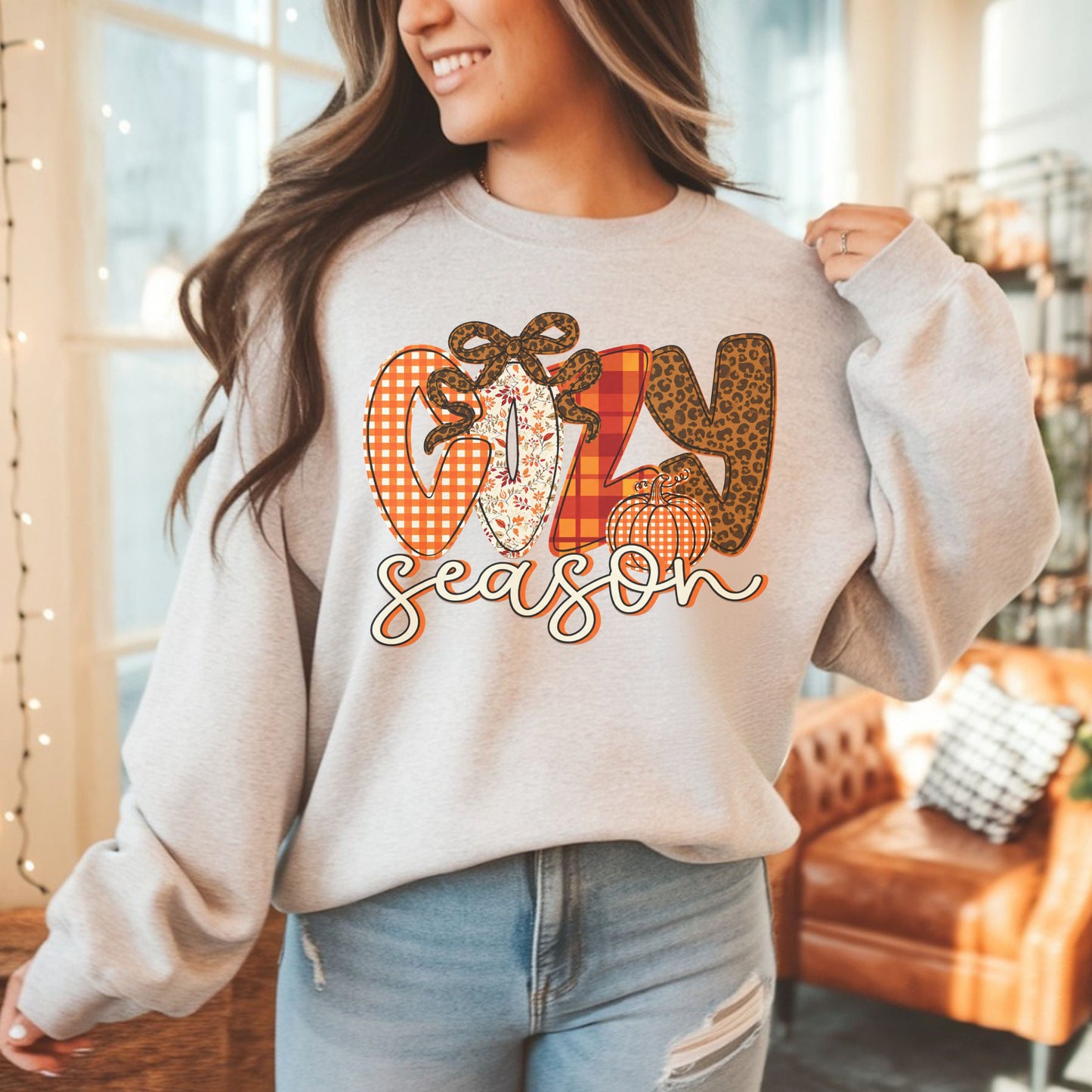 Cozy Season Crewneck Sweatshirt — "Cozy Season" Fall Plaid & Knit Graphic
