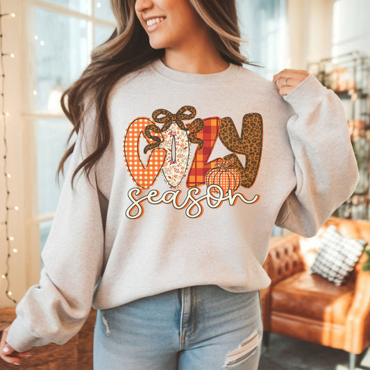 Cozy Season Crewneck Sweatshirt — "Cozy Season" Fall Plaid & Knit Graphic