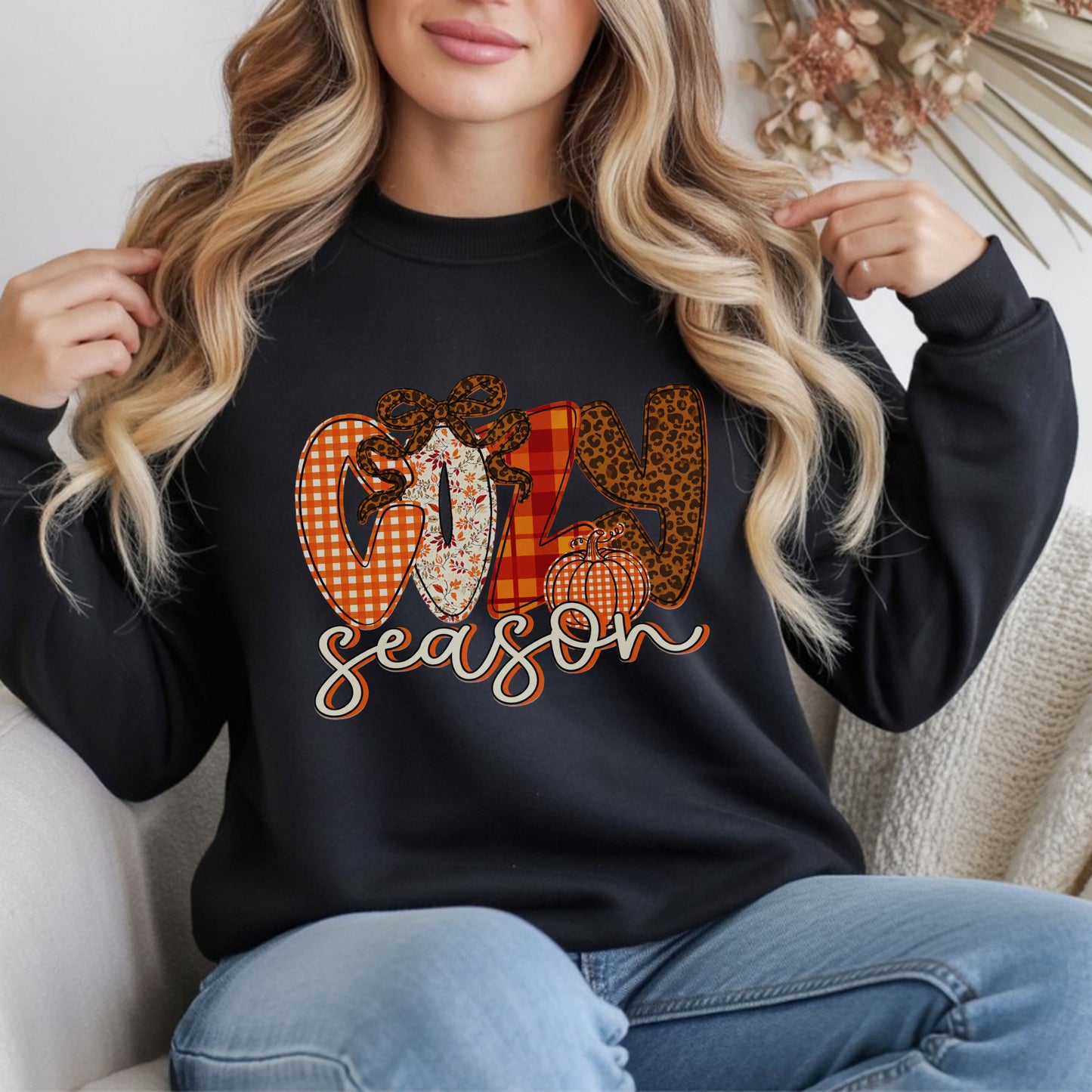 Cozy Season Crewneck Sweatshirt — "Cozy Season" Fall Plaid & Knit Graphic