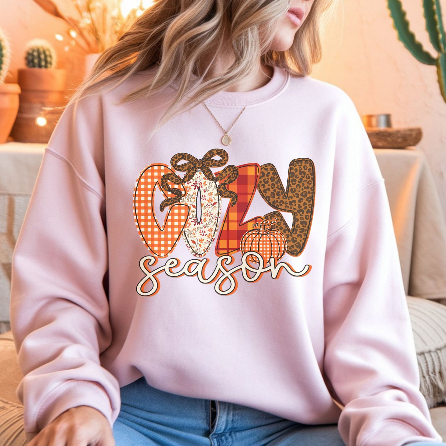 Cozy Season Crewneck Sweatshirt — "Cozy Season" Fall Plaid & Knit Graphic