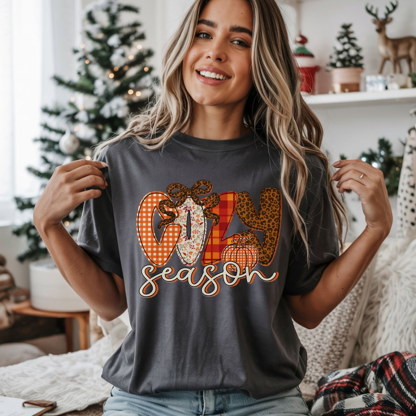 Cozy Season Crewneck Sweatshirt — "Cozy Season" Fall Plaid & Knit Graphic