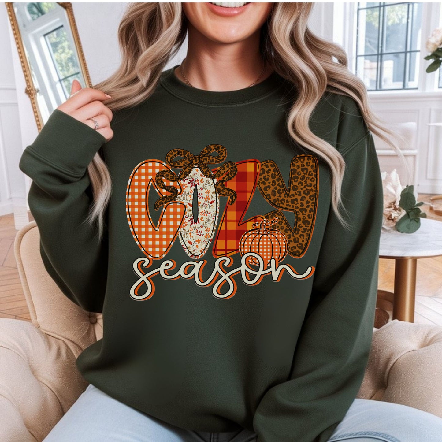 Cozy Season Crewneck Sweatshirt — "Cozy Season" Fall Plaid & Knit Graphic
