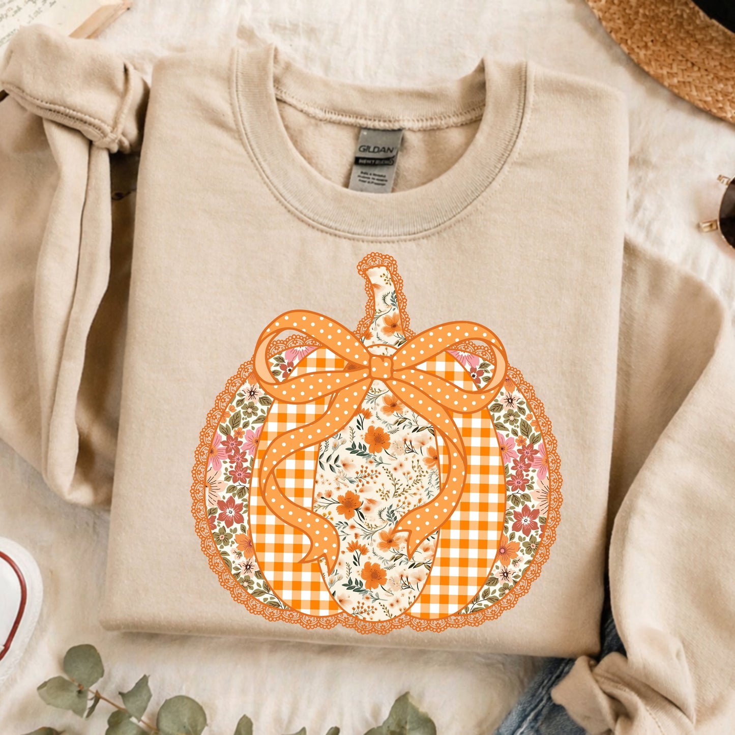 Gingham Floral Patchwork Pumpkin T-Shirt