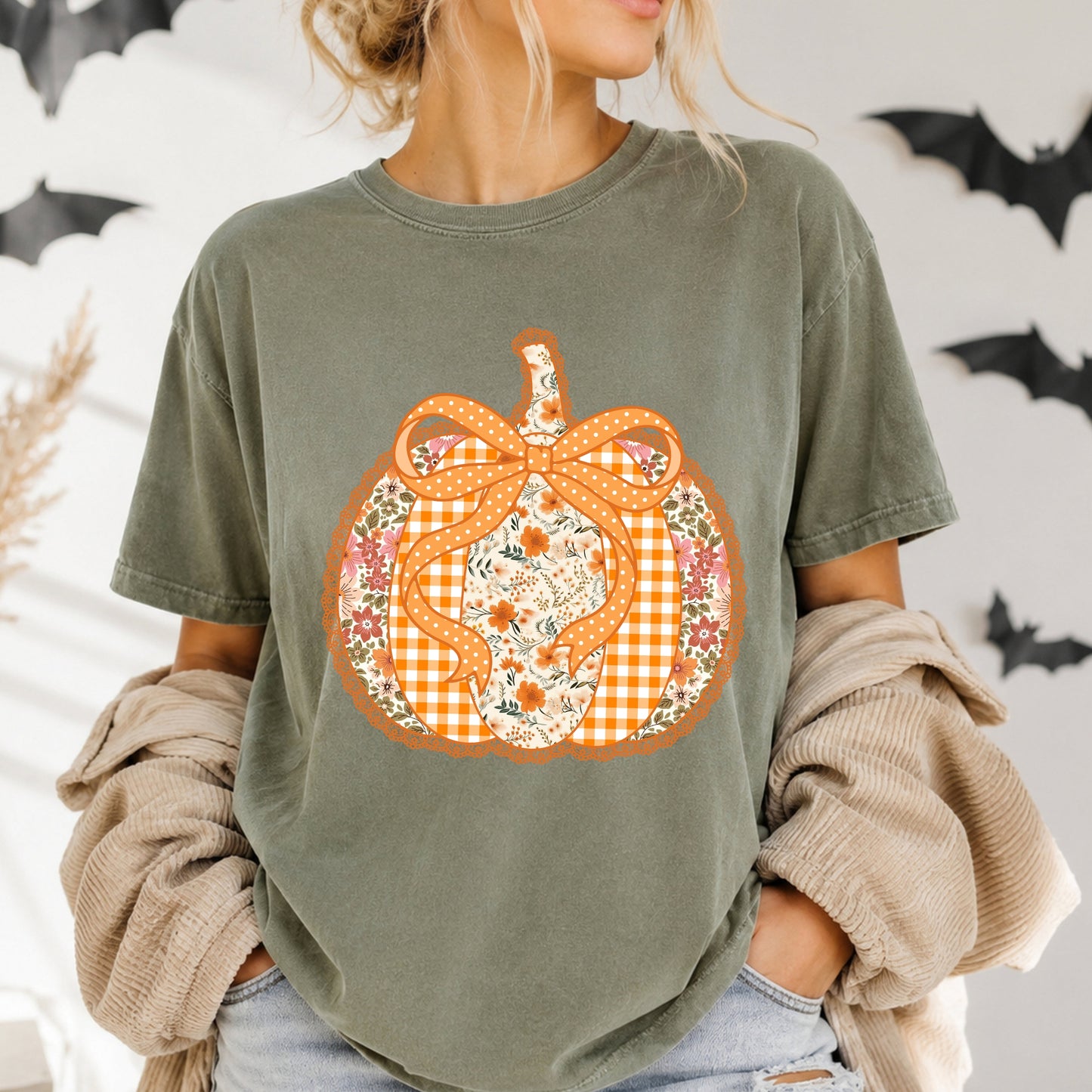 Gingham Floral Patchwork Pumpkin T-Shirt