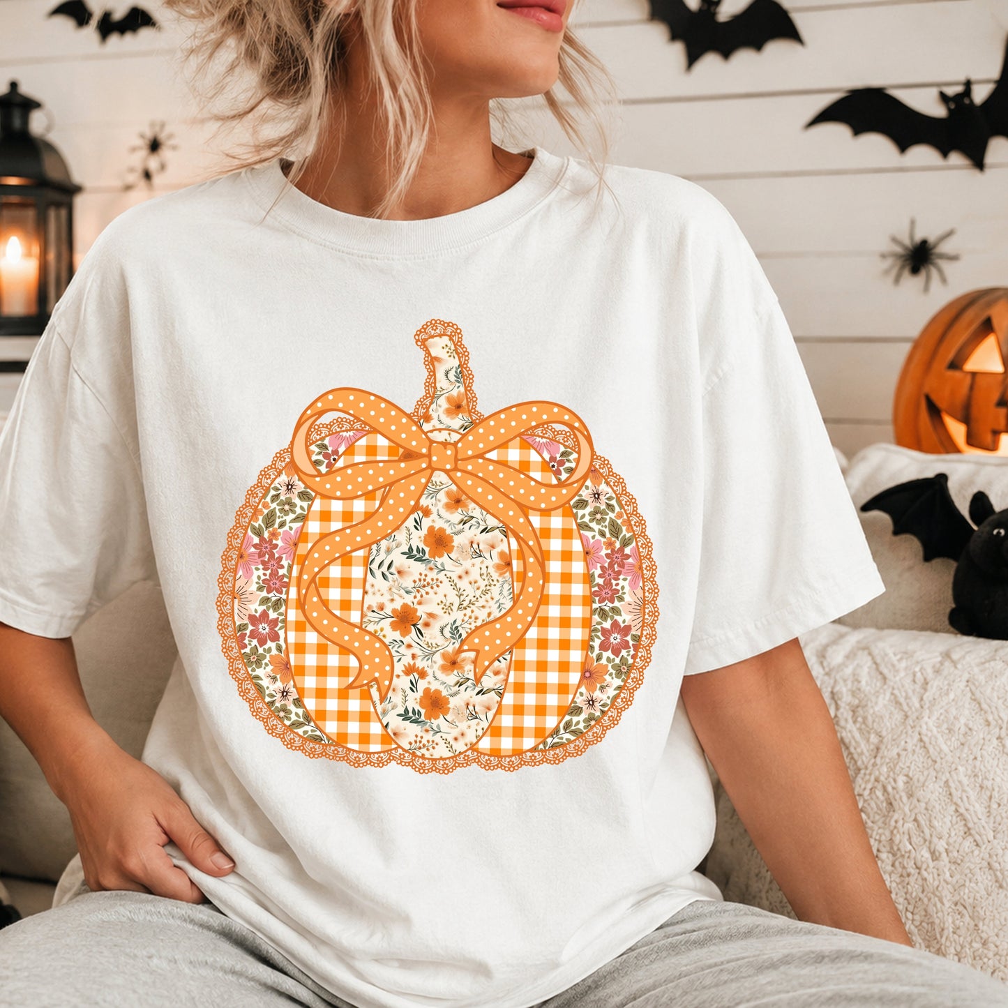 Gingham Floral Patchwork Pumpkin T-Shirt
