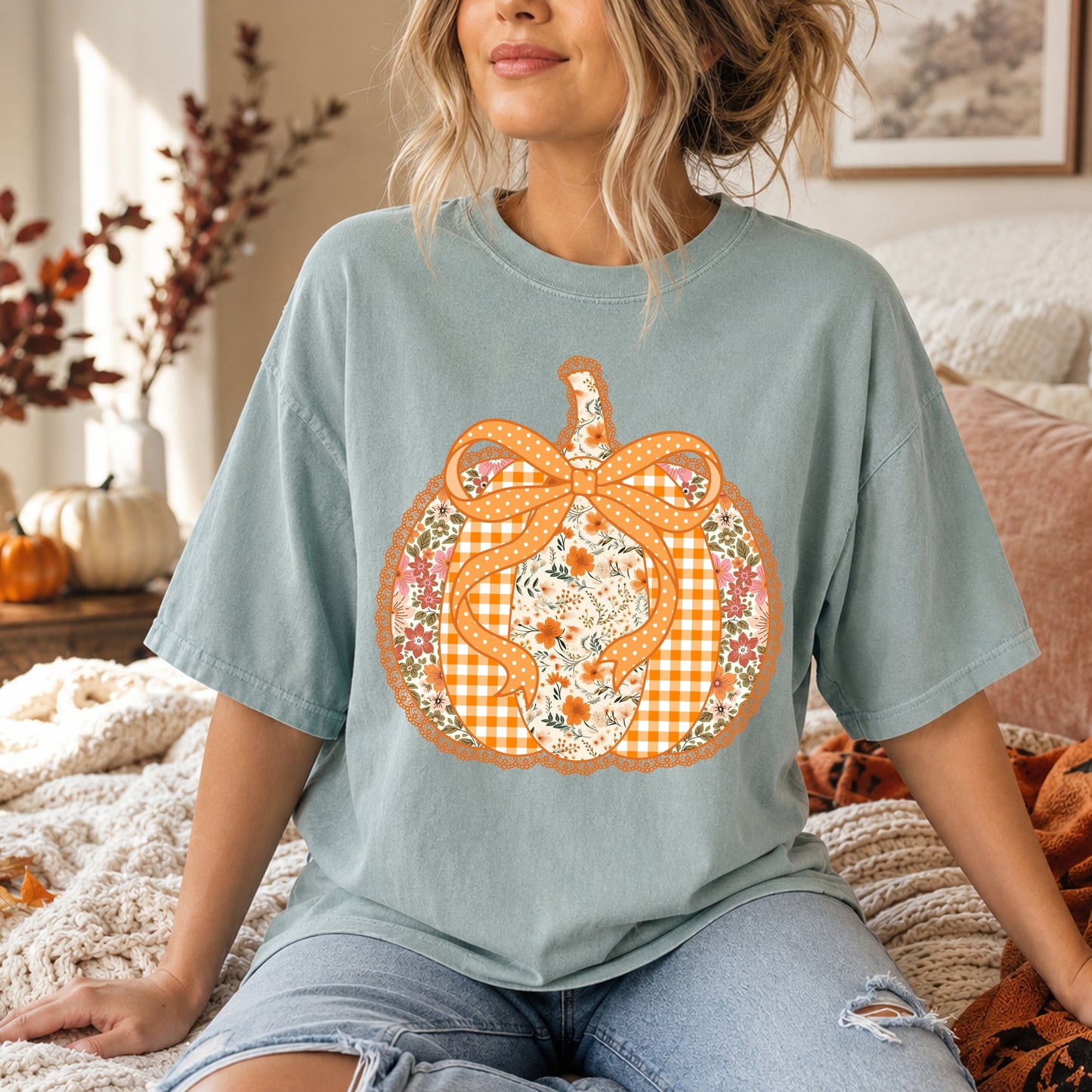 Gingham Floral Patchwork Pumpkin T-Shirt