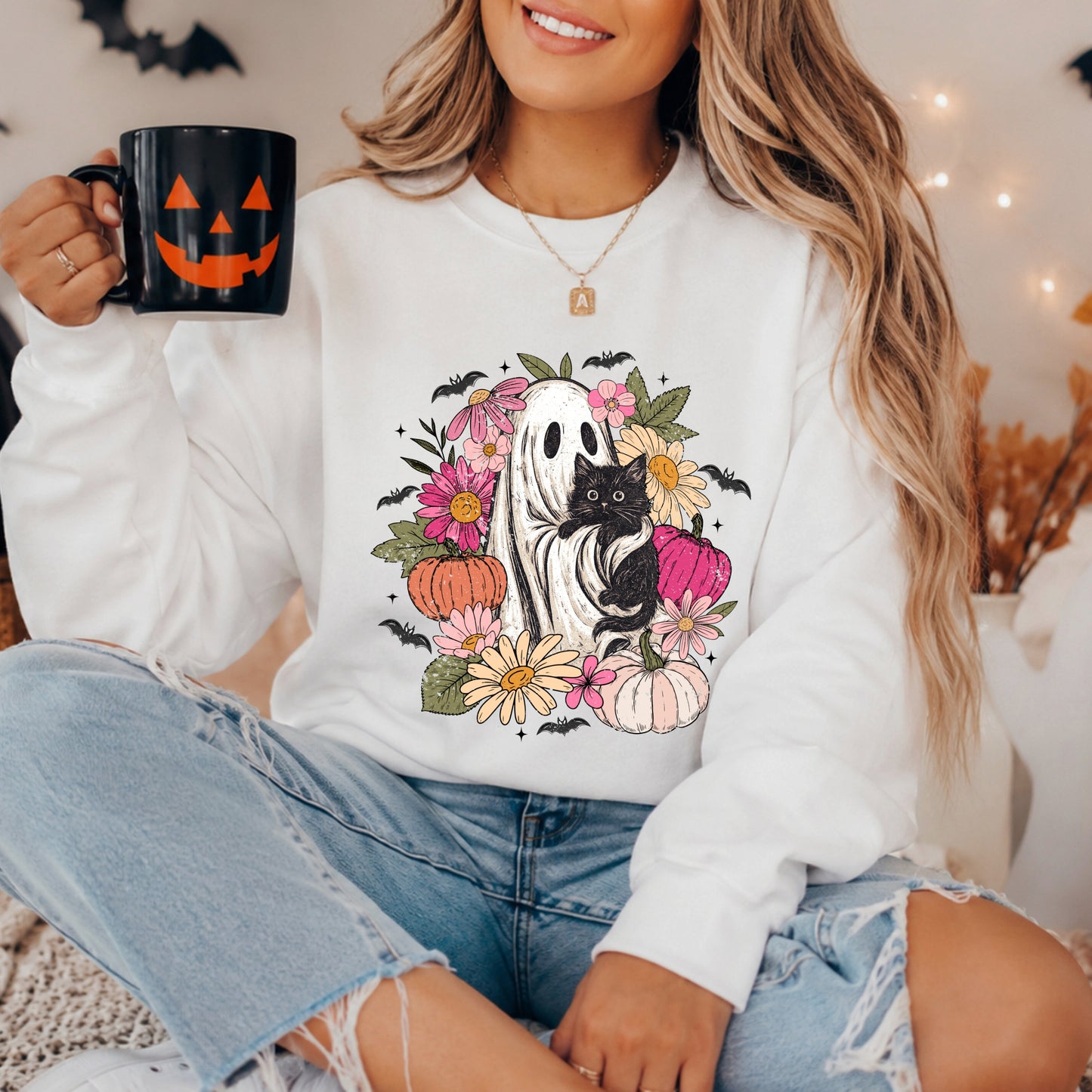 Vintage Ghost & Black Cat Sweatshirt
