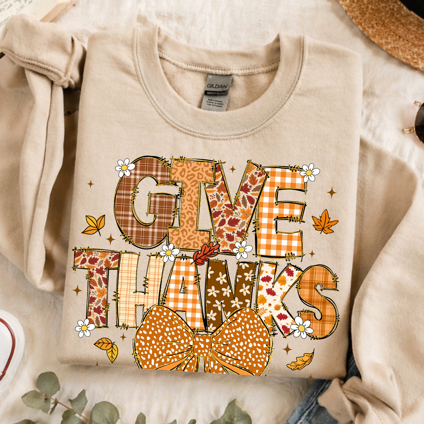 Give Thanks Thanksgiving T-Shirt — Fall Plaid Bow Graphic Tee