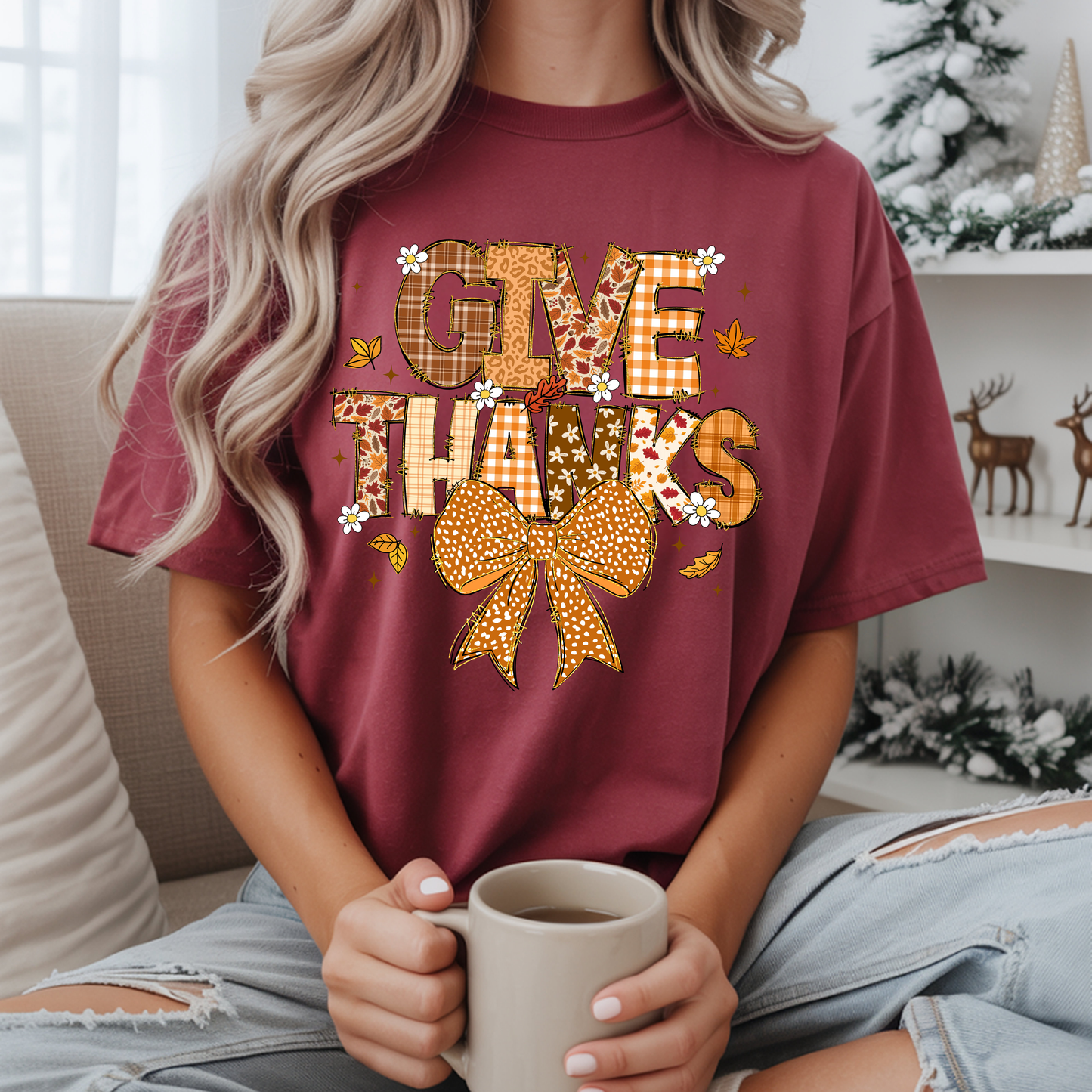 Give Thanks Thanksgiving T-Shirt — Fall Plaid Bow Graphic Tee
