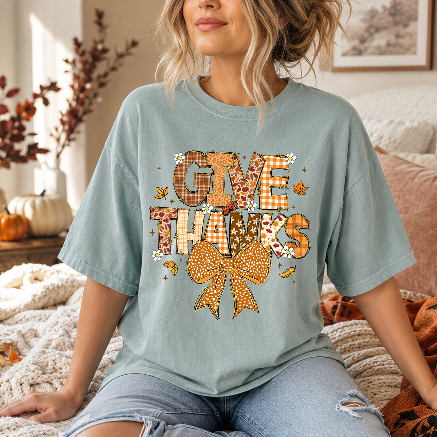 Give Thanks Thanksgiving T-Shirt — Fall Plaid Bow Graphic Tee