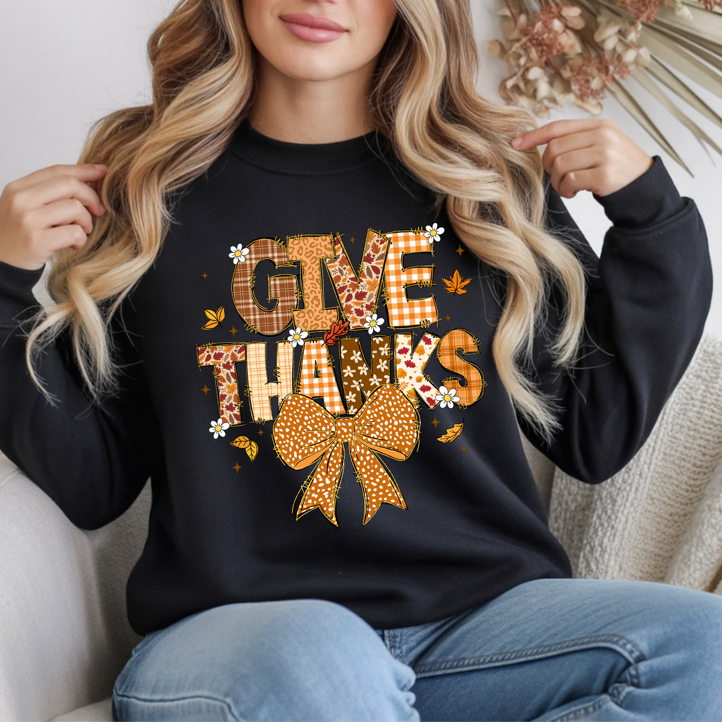 Give Thanks Crewneck Sweatshirt — Autumn Plaid Thanksgiving Pullover