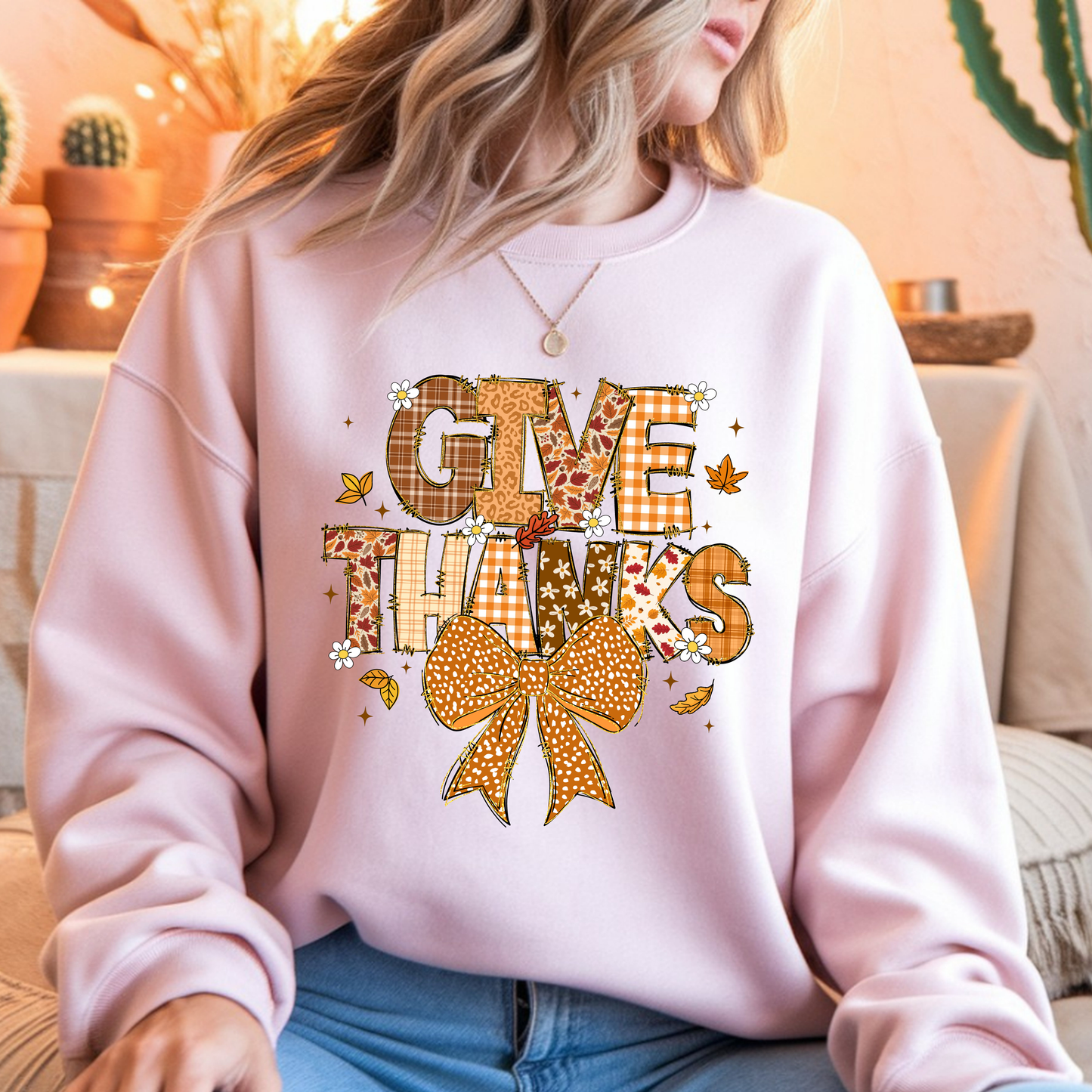 Give Thanks Crewneck Sweatshirt — Autumn Plaid Thanksgiving Pullover