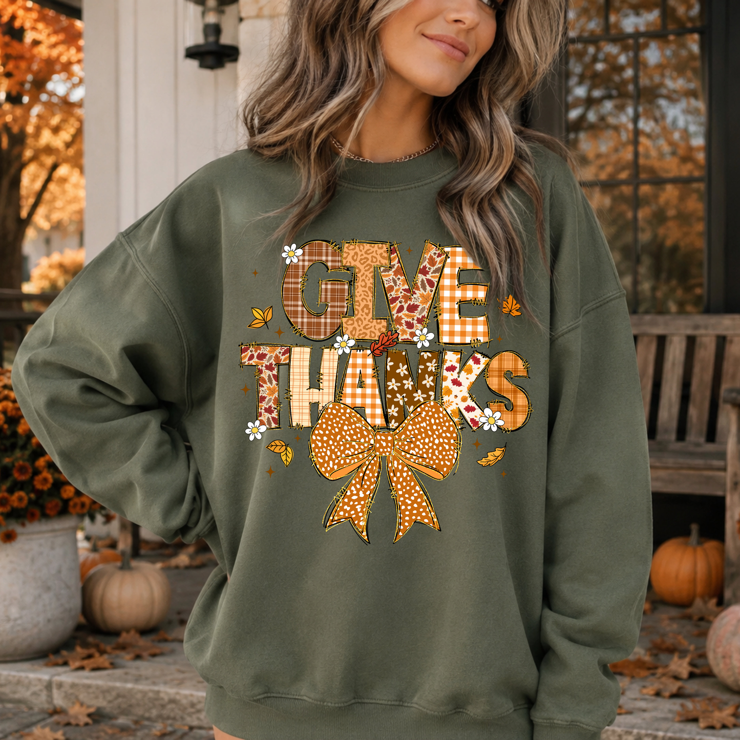 Give Thanks Crewneck Sweatshirt — Autumn Plaid Thanksgiving Pullover