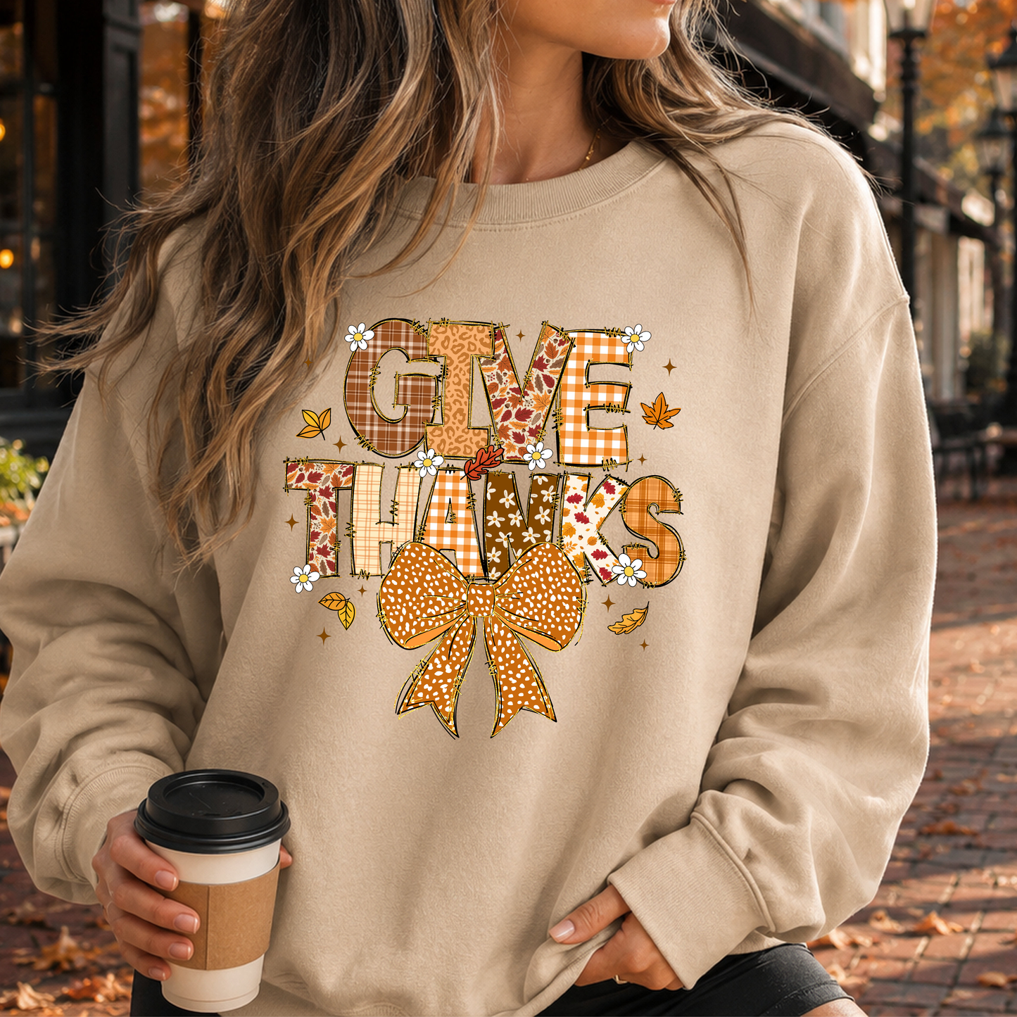 Give Thanks Crewneck Sweatshirt — Autumn Plaid Thanksgiving Pullover