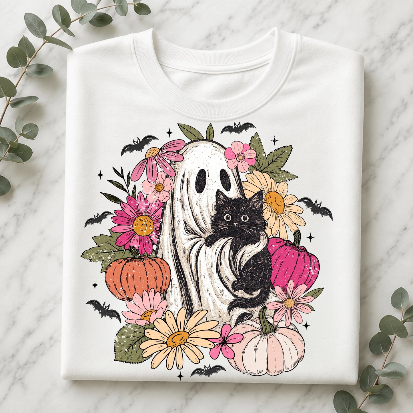 Vintage Floral Ghost & Black Cat T‑Shirt — Cozy Pumpkin Floral Fall Tee