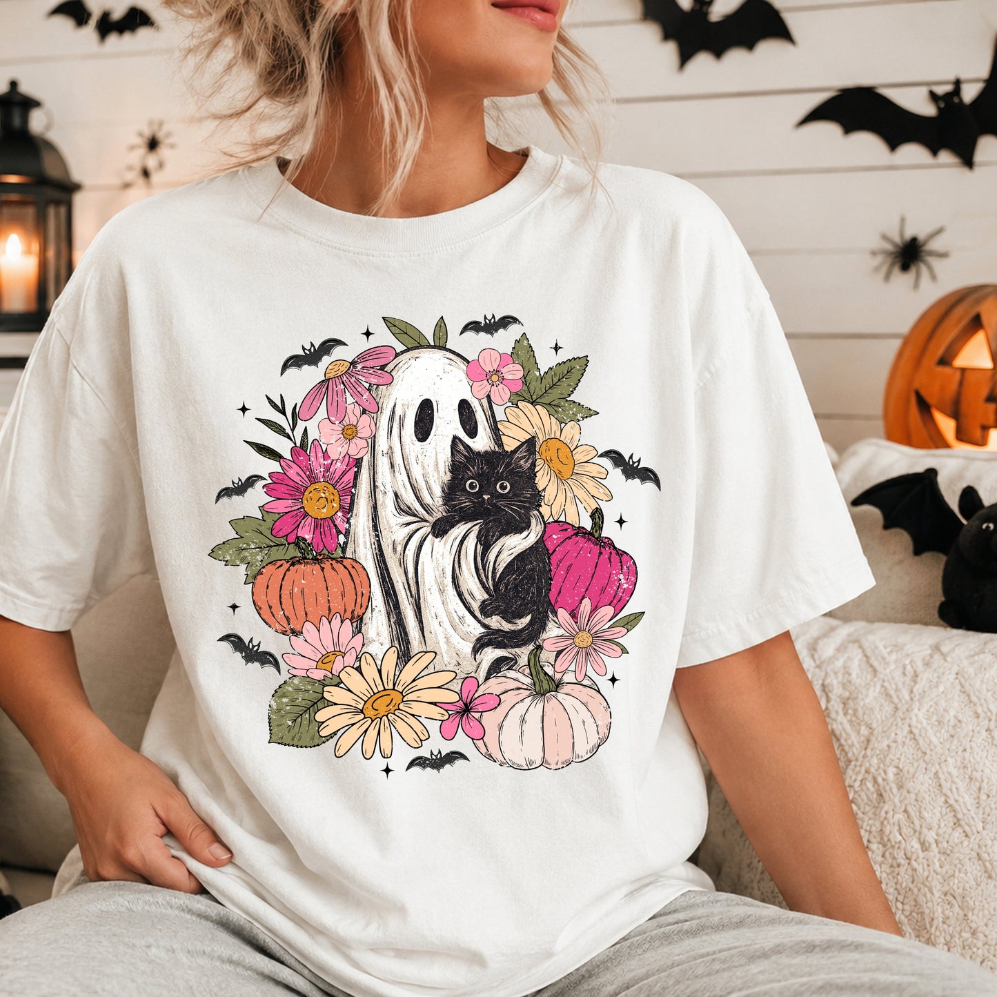 Vintage Floral Ghost & Black Cat T‑Shirt — Cozy Pumpkin Floral Fall Tee