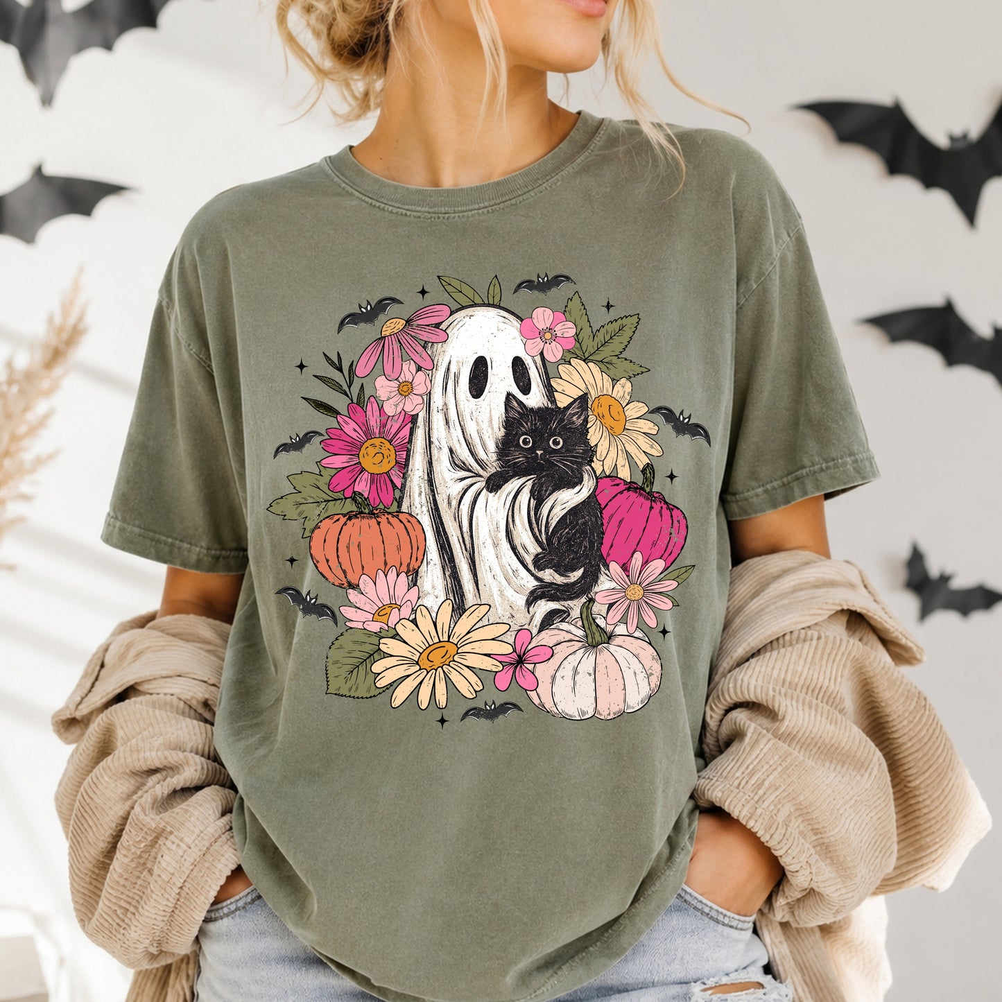 Vintage Floral Ghost & Black Cat T‑Shirt — Cozy Pumpkin Floral Fall Tee