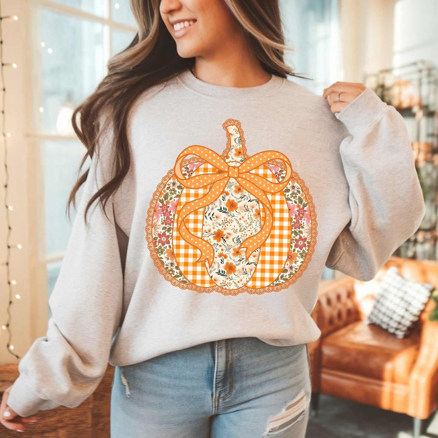 Applique Patchwork Feux Pumpkin Sweatshirt — Cozy Fall Thanksgiving Pullover
