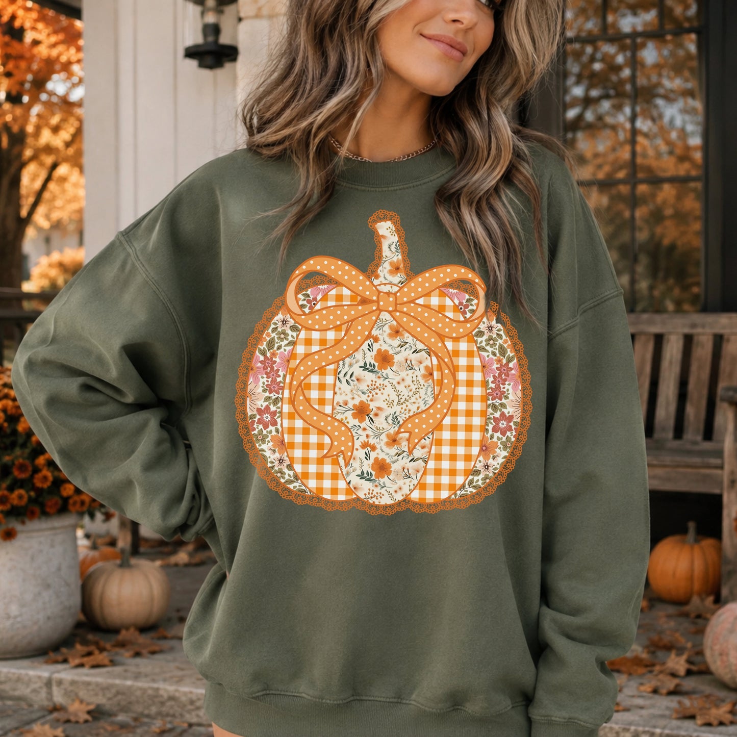 Applique Patchwork Feux Pumpkin Sweatshirt — Cozy Fall Thanksgiving Pullover
