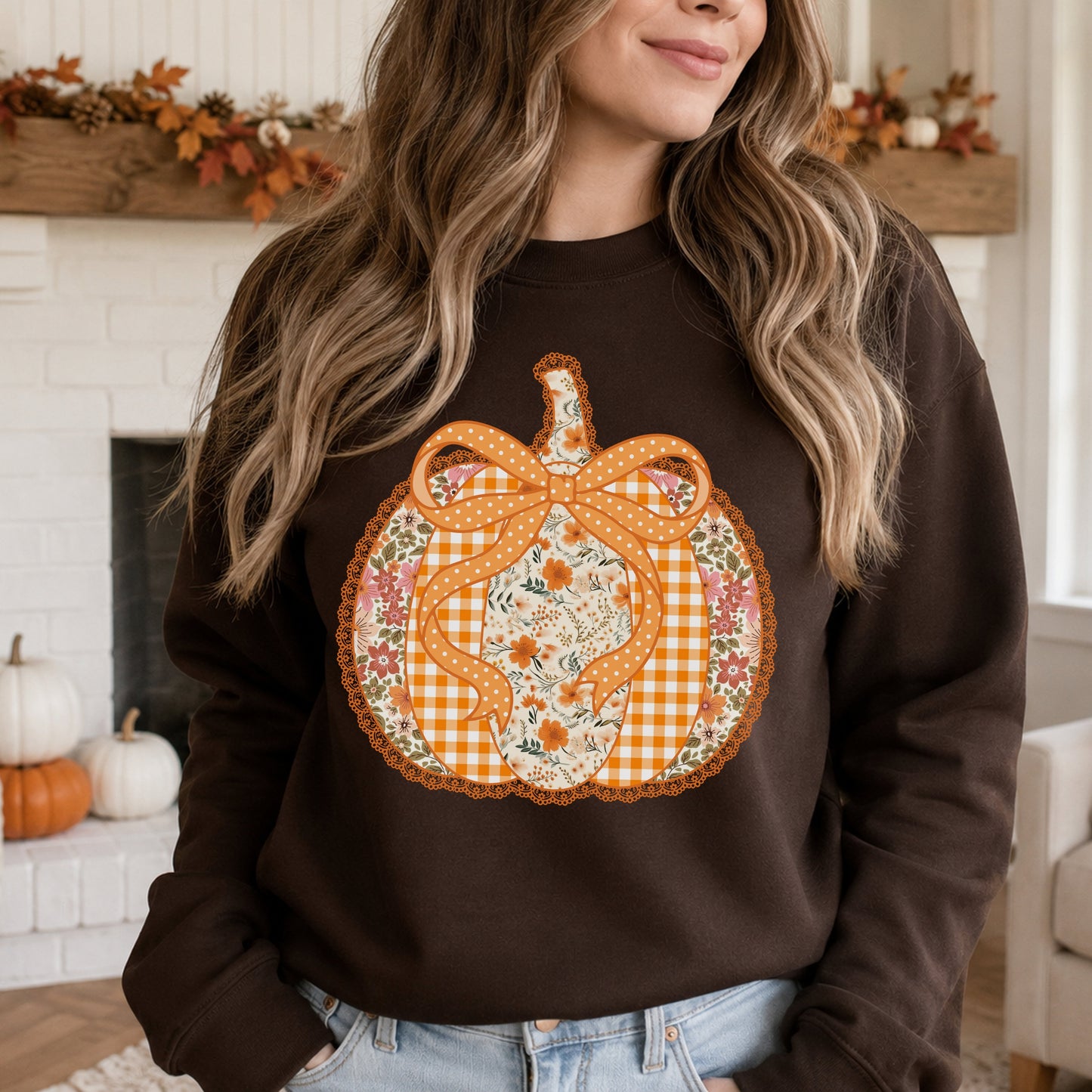 Applique Patchwork Feux Pumpkin Sweatshirt — Cozy Fall Thanksgiving Pullover