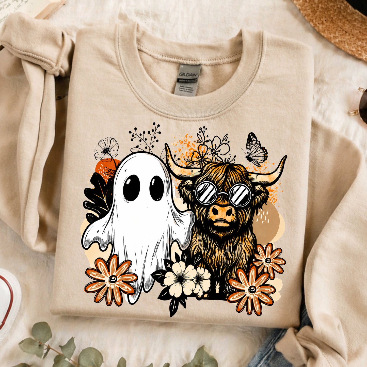 Halloween Ghost & Highland Cow T-Shirt — Cute Spooky Farm Animal Tee