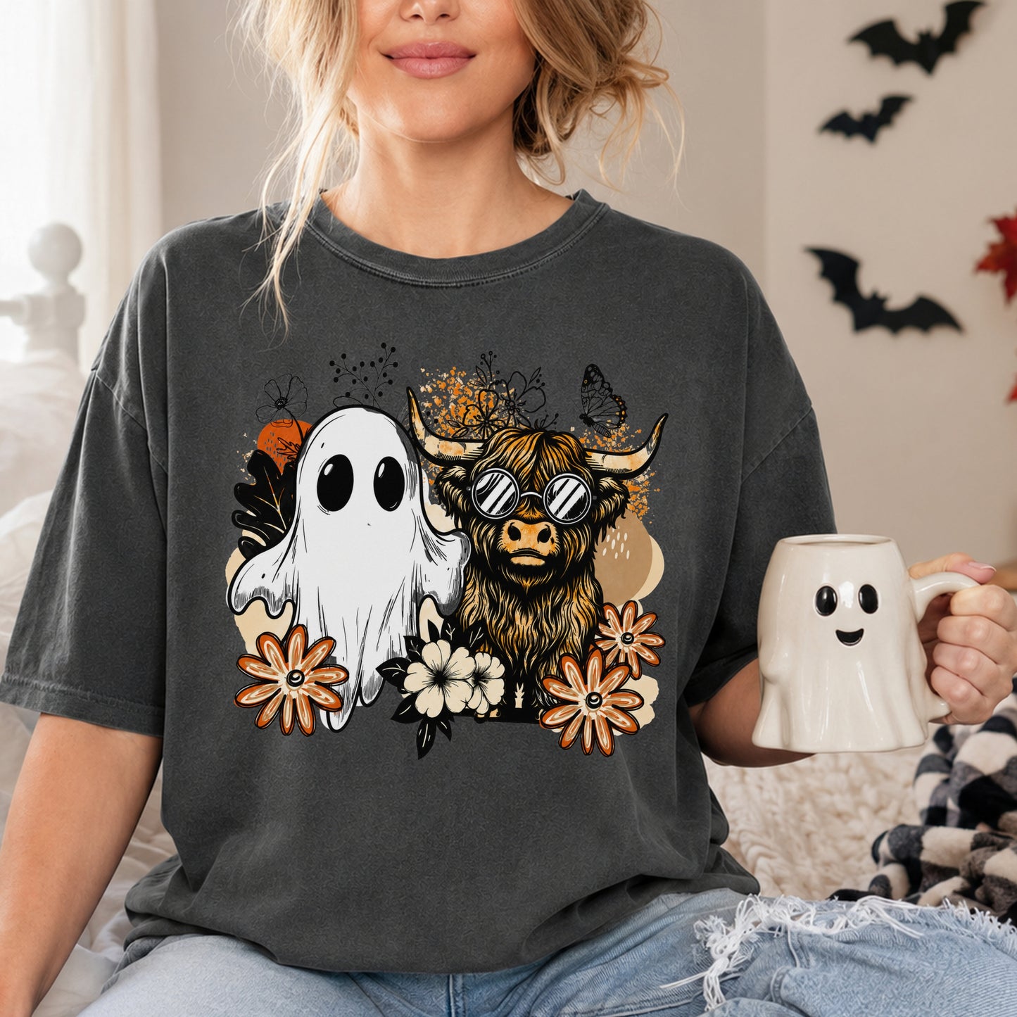 Halloween Ghost & Highland Cow T-Shirt — Cute Spooky Farm Animal Tee