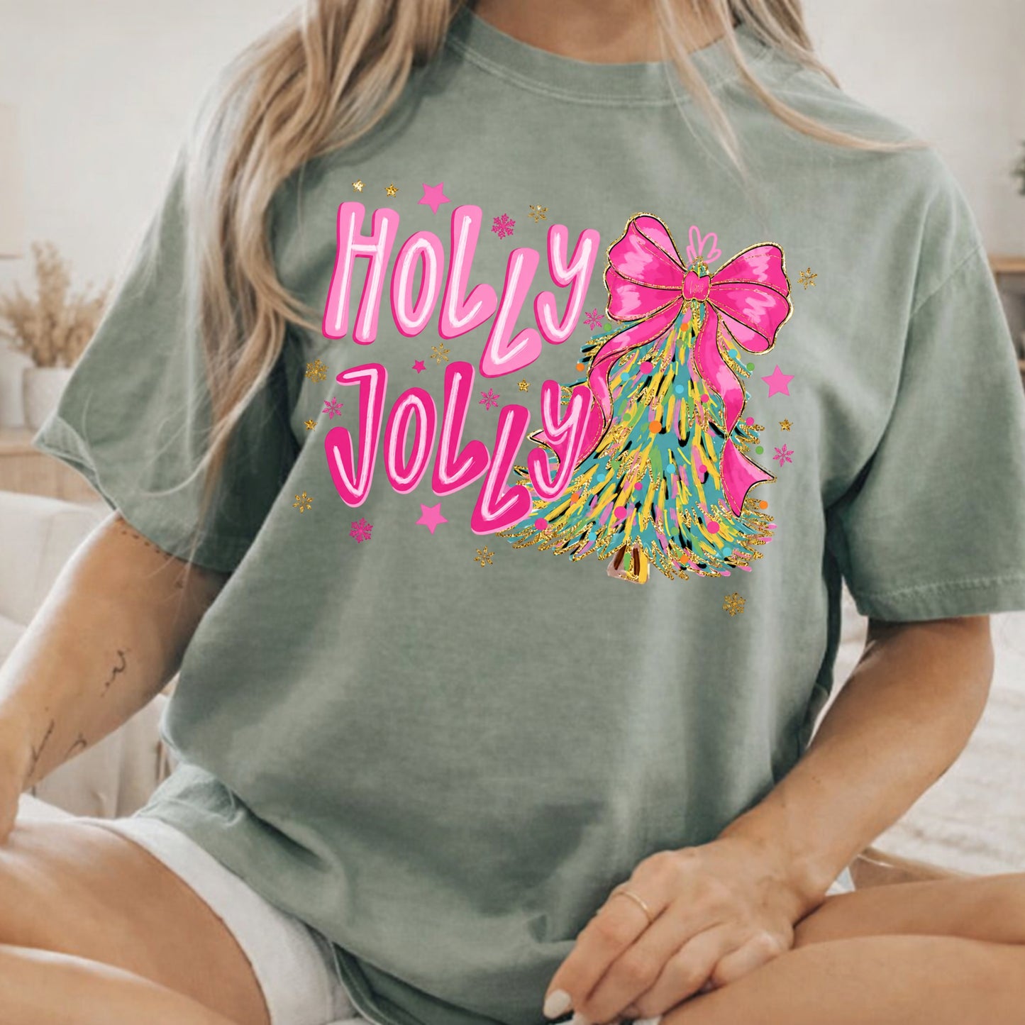 Holly Jolly Christmas T-Shirt — Festive Tree with Pink Bow