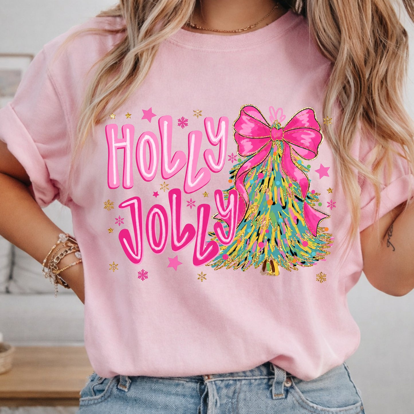 Holly Jolly Christmas T-Shirt — Festive Tree with Pink Bow