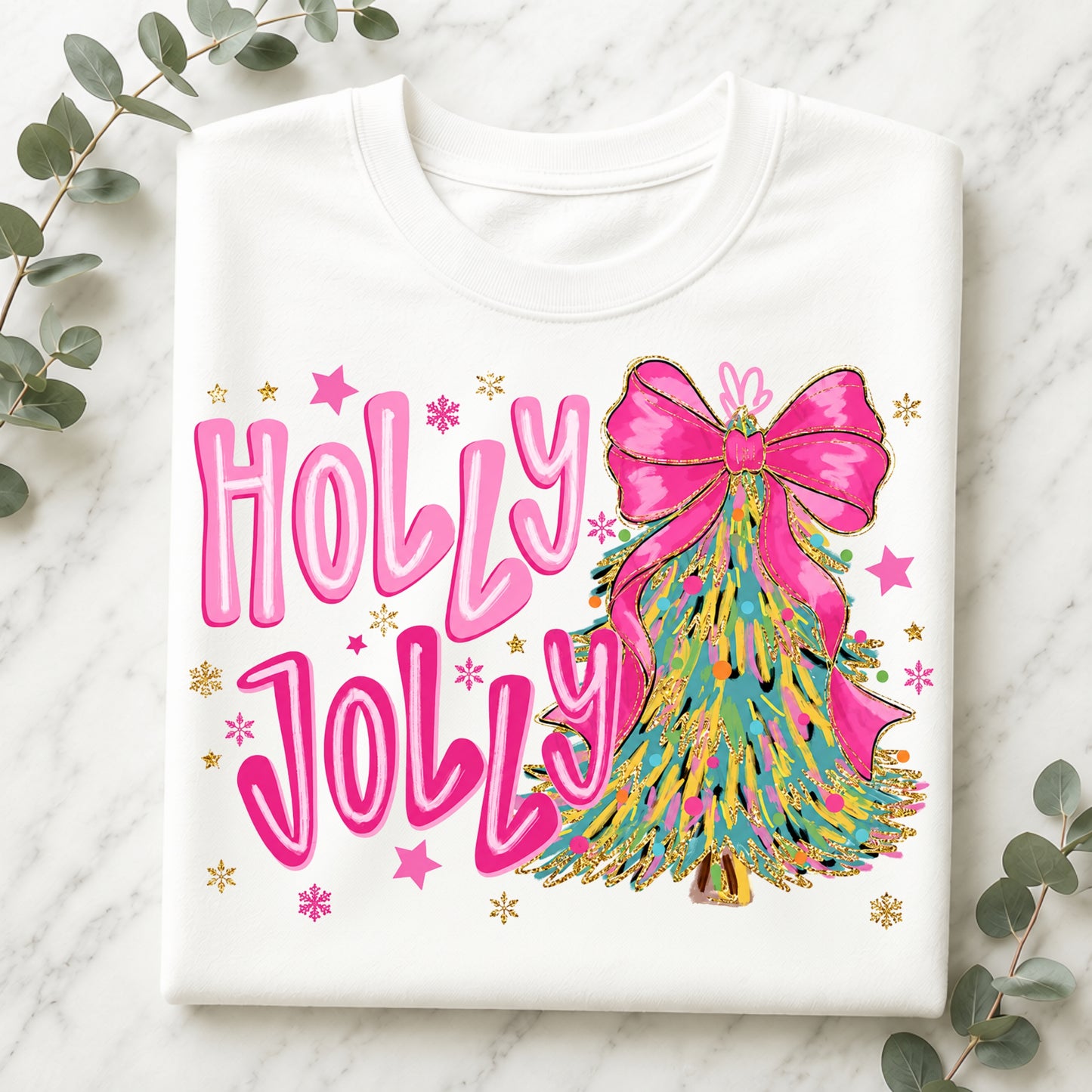 Holly Jolly Christmas T-Shirt — Festive Tree with Pink Bow