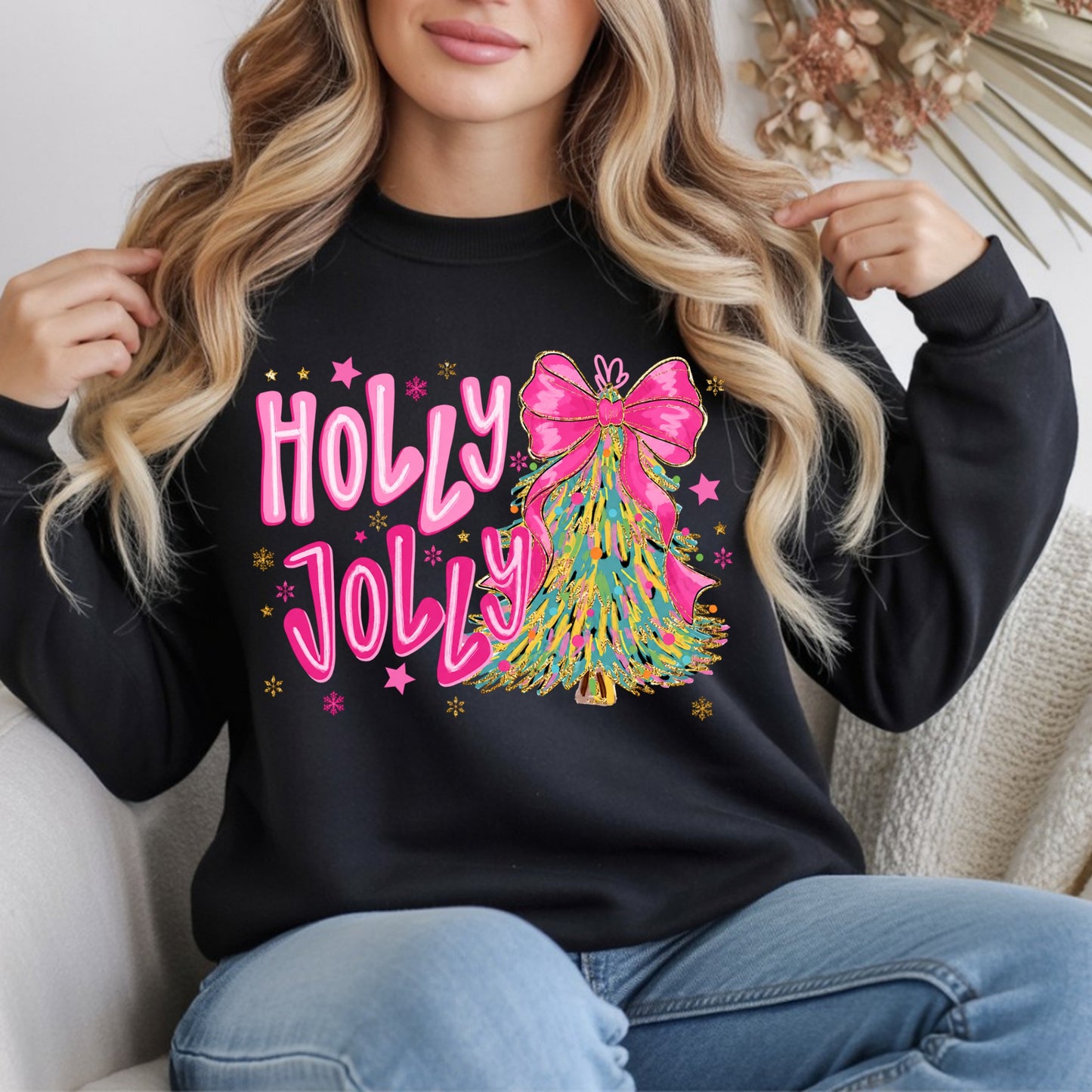 Holly Jolly Pink Christmas Tree Crewneck Sweatshirt