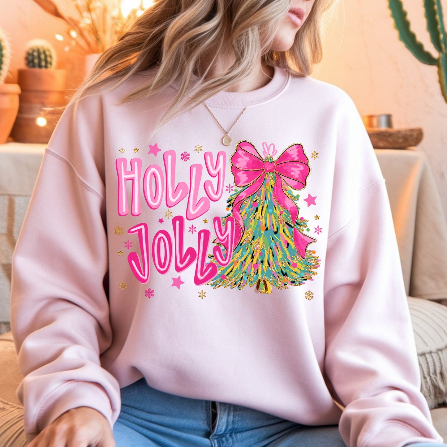 Holly Jolly Pink Christmas Tree Crewneck Sweatshirt