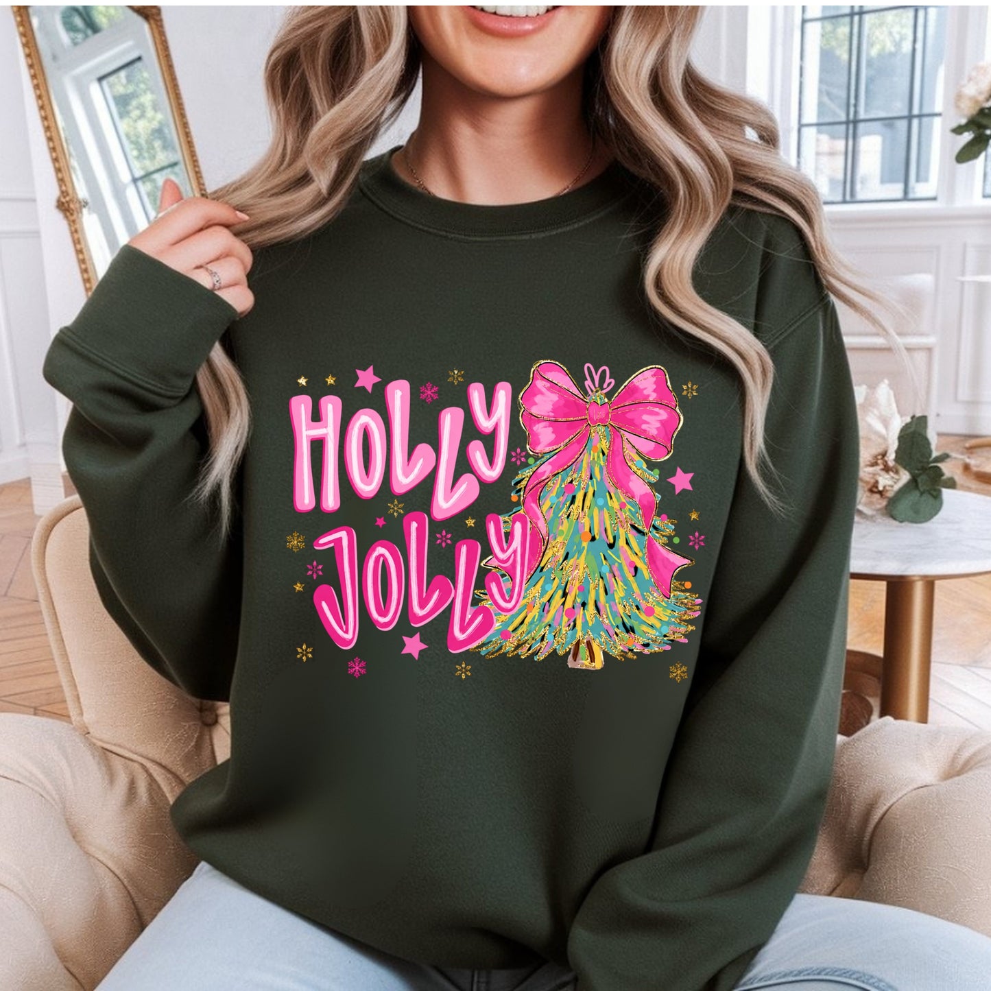 Holly Jolly Pink Christmas Tree Crewneck Sweatshirt
